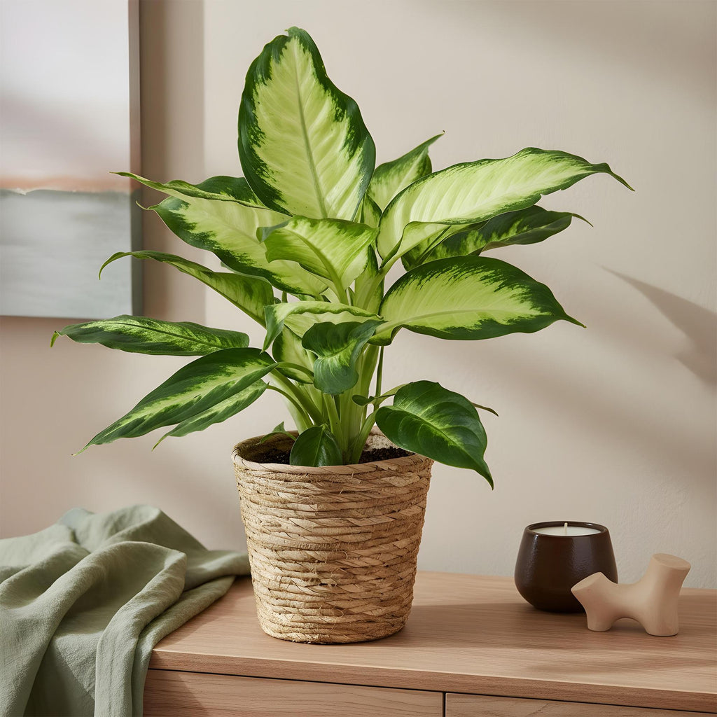 Dieffenbachia Camilla – 45-50cm – 17cm inkl. Naturkorb – Pflegeleichte bunte Zimmerpflanze – Grün – creme gemustertes Blattwerk – Plant