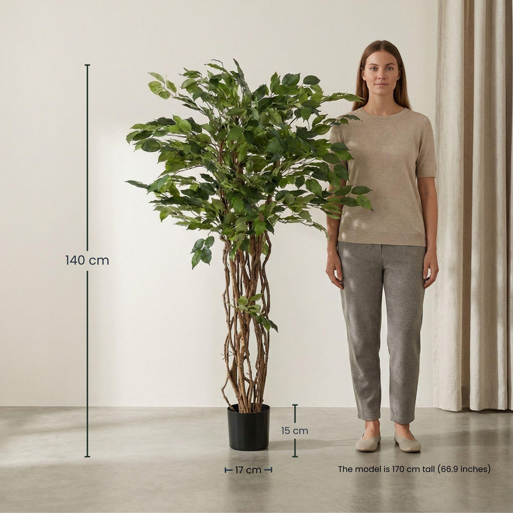 Ficus Liana Kunstbaum – 140cm – künstliche Pflanze mit realistischer Blattstruktur – Pflegefreier Deko Baum für Wohnzimmer Büro & Empfangsbereich – Standard