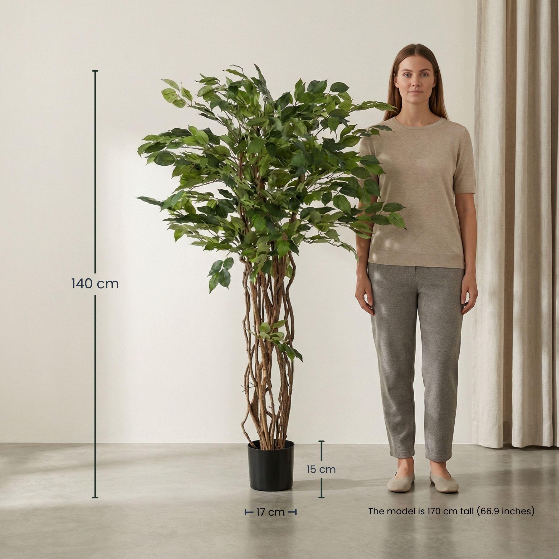 Ficus Liana Kunstbaum – 140cm – künstliche Pflanze mit realistischer Blattstruktur – Pflegefreier Deko Baum für Wohnzimmer Büro & Empfangsbereich – Standard