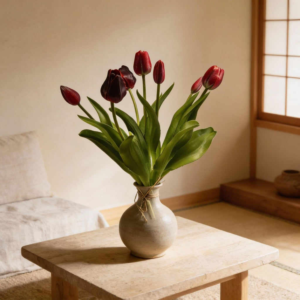 Tulpenstrauß Dunkelrot Real Touch Kunsttulpen – 7 Stiele – 42cm – Kunstblumenstrauß in Bordeaux – Optik – Plant