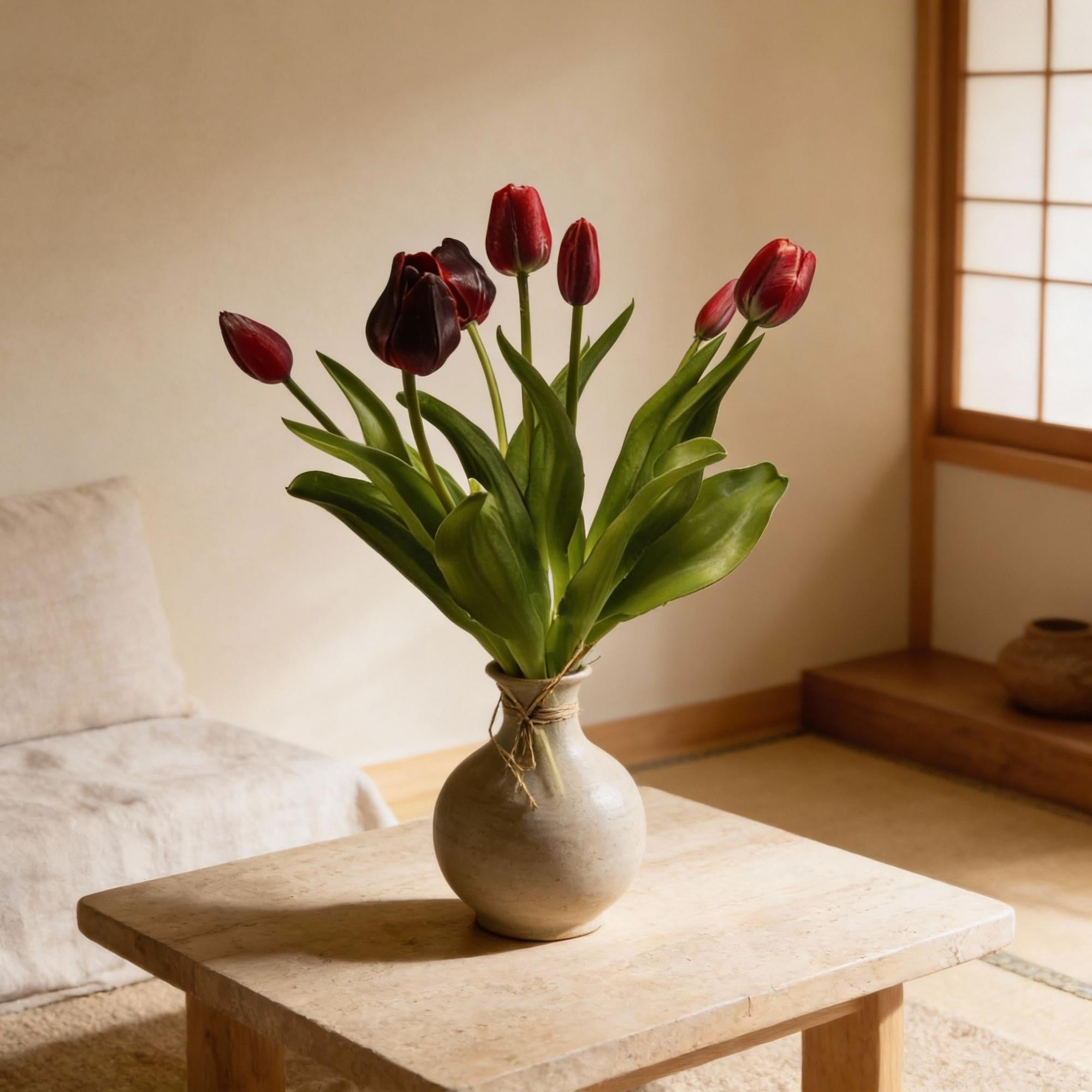 Tulpenstrauß Dunkelrot Real Touch Kunsttulpen – 7 Stiele – 42cm – Kunstblumenstrauß in Bordeaux – Optik – Plant