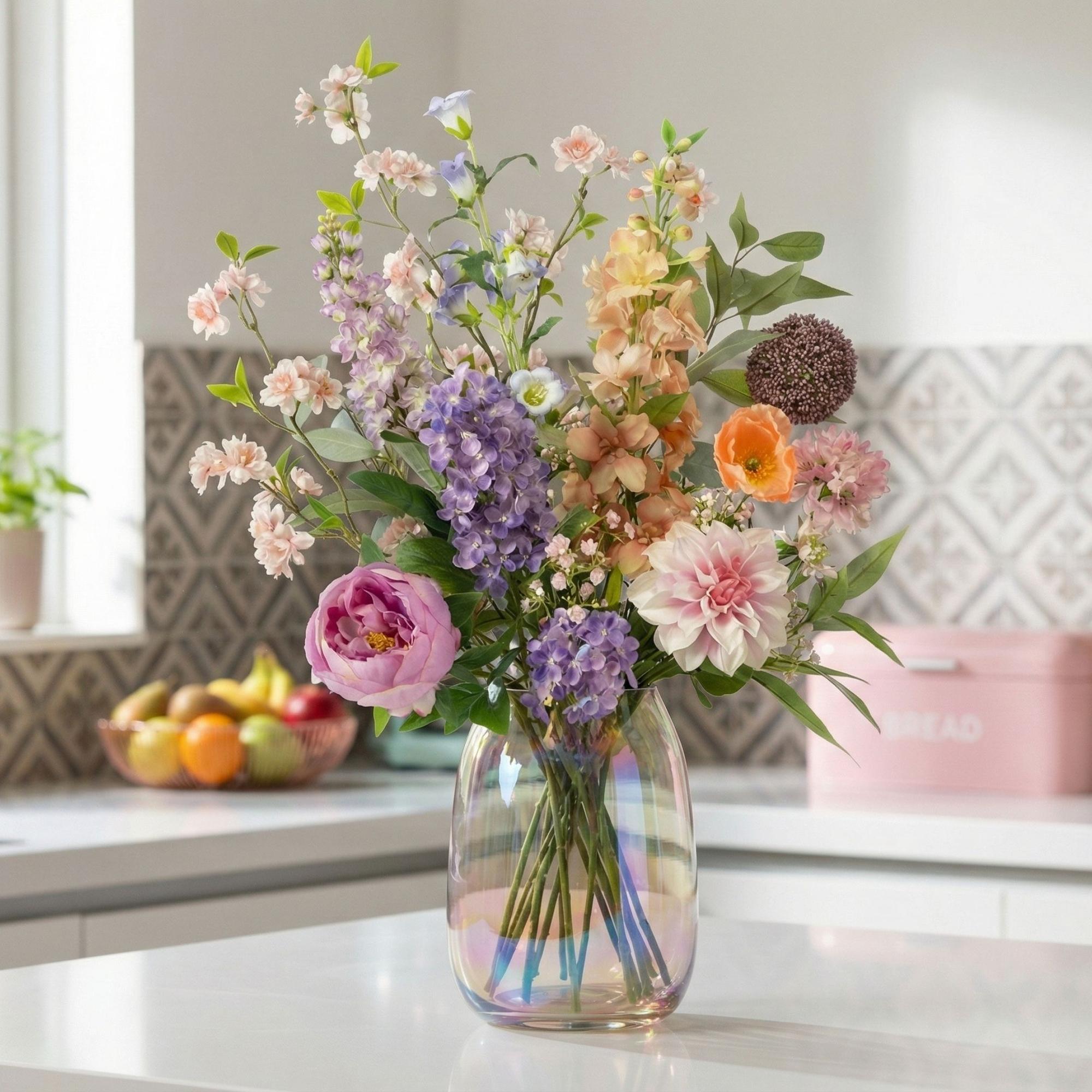 Kunstblumenstrauß Pastel Meadow Deluxe 100cm – Real Touch Blumenstrauß mit 15 Stielen – Pflegefreie Premium Dekoblumen
