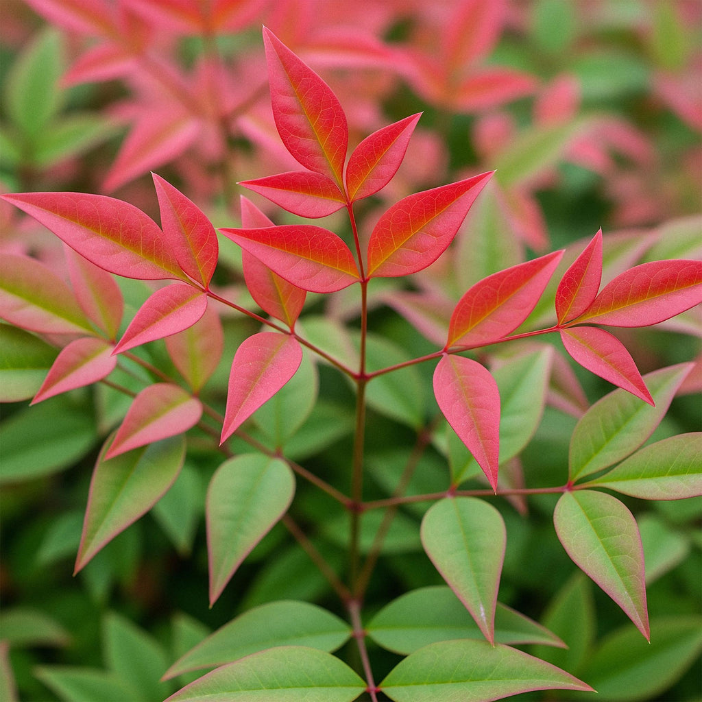 Heiliger Bambus Nandina Obsessed – 17cm Höhe ca.45cm – Immergrün & farbintensiv – Rotes Laub für Beet Balkon Terrasse – Pflegeleichter Zierstrauch – Plant