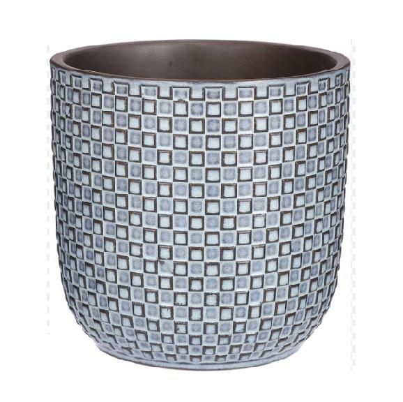 Blumentopf Relief – Blau – Ø13,5cm – Keramik Übertopf mit feinem Strukturmuster – Glänzende Glasur – Moderner Pflanztopf für kleine Zimmerpflanzen & Sukkulenten – Plant