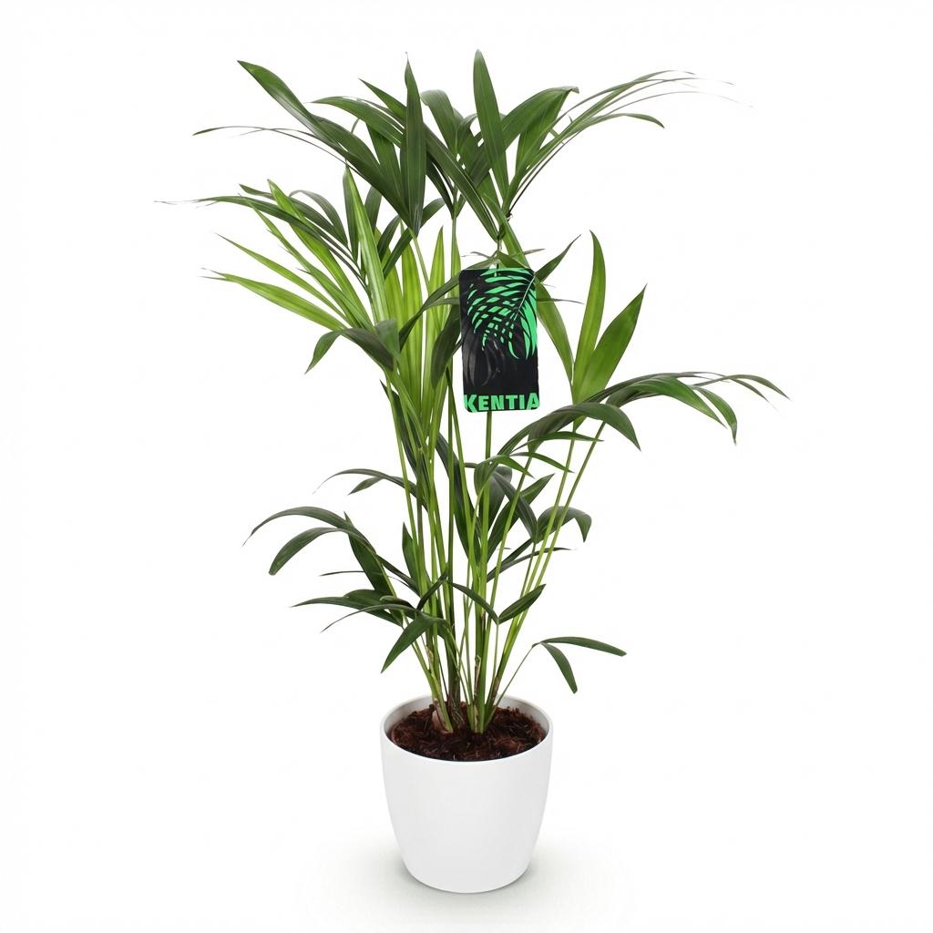 Howea Forsteriana Kentia Palme Zimmerpflanze mit weißem Topf Ø19cm Höhe 80-85cm Pflegeleichte exotische Grünpflanze für Wohnzimmer Büro Schlafzimmer