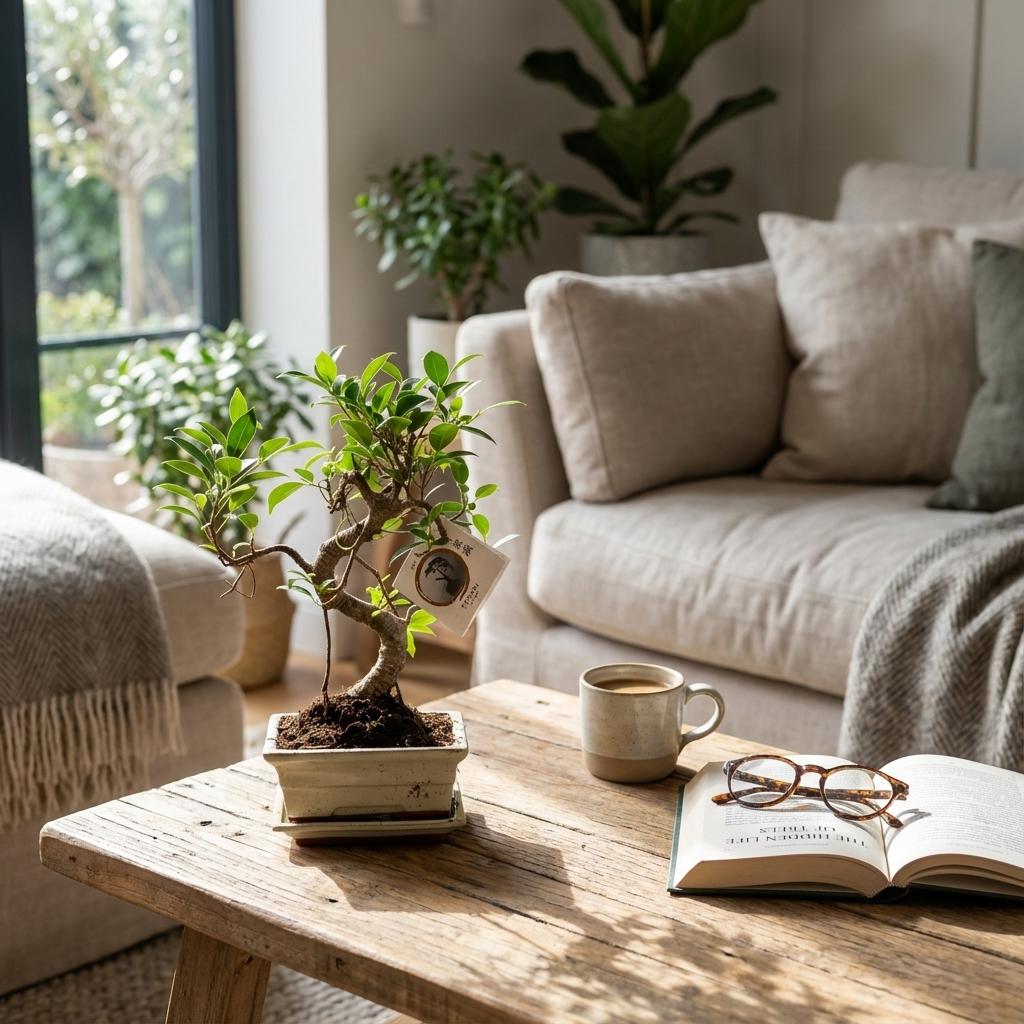 Bonsai Baum Ø15cm Höhe 30-35cm – Klassischer Miniaturbaum mit geschwungenem Stamm – In edler Keramikschale – Dekorative Zimmerpflanze – Plant