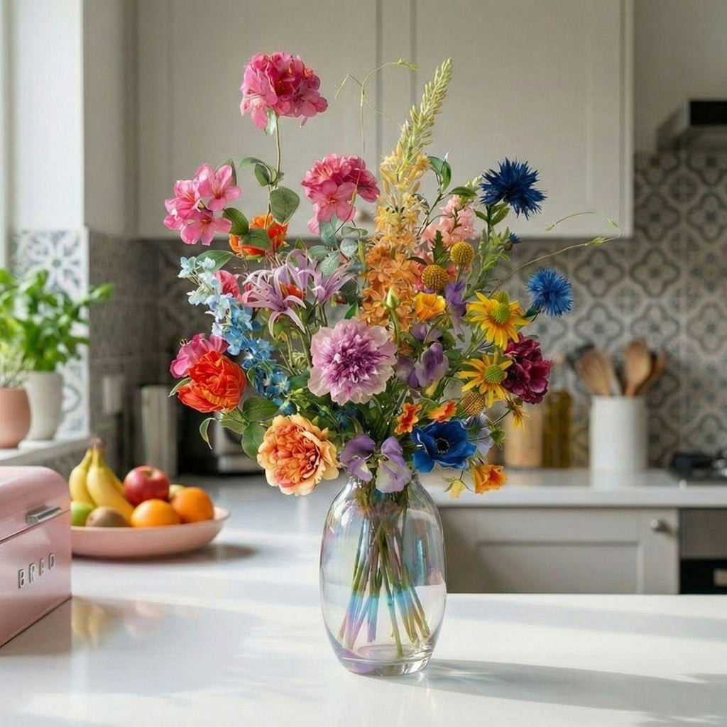 Kunstblumenstrauß Summer Garden Deluxe – Real Touch Blumen – 19 Stiele – 100cm Höhe – Bunte Sommerfarben