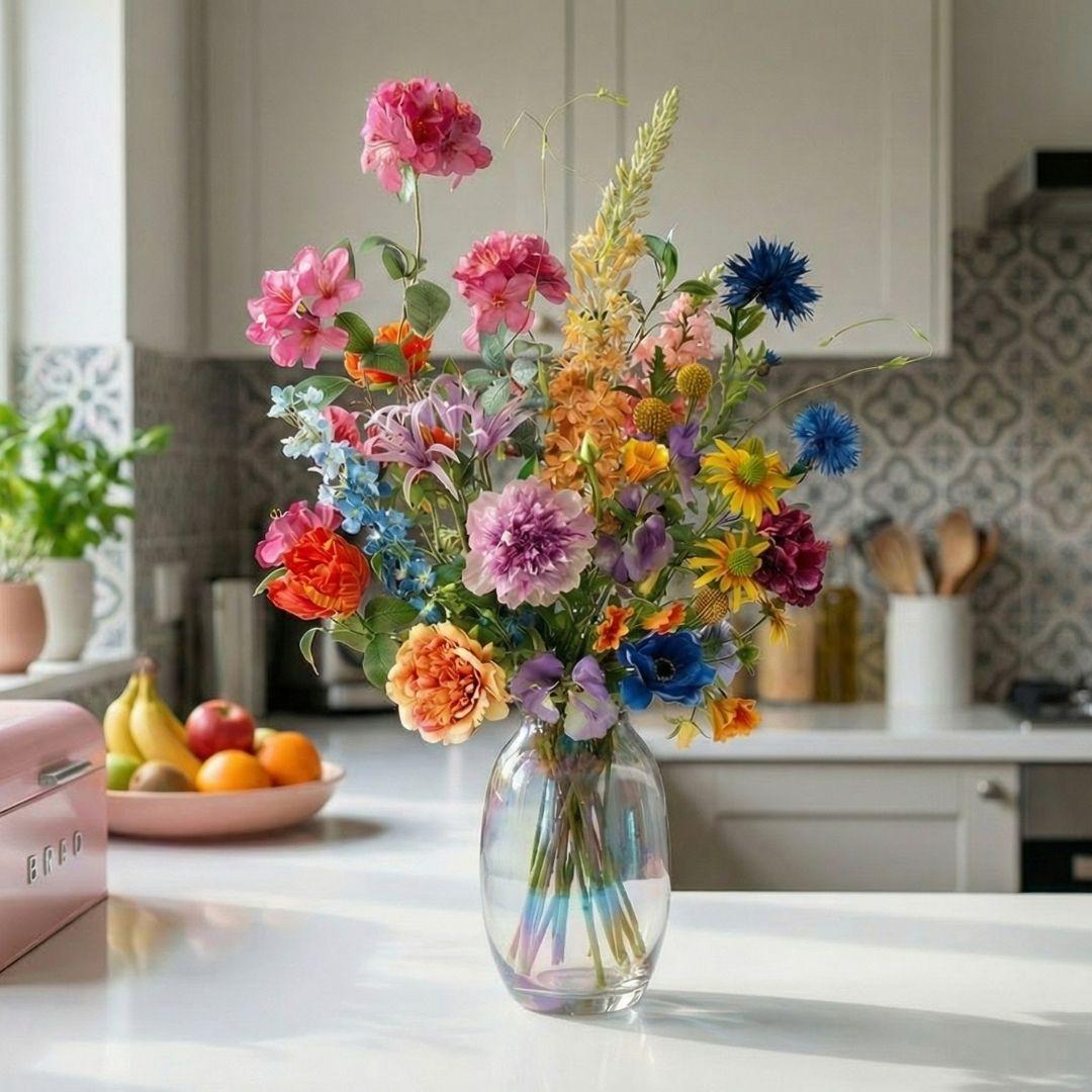 Kunstblumenstrauß Summer Garden Deluxe – Real Touch Blumen – 19 Stiele – 100cm Höhe – Bunte Sommerfarben