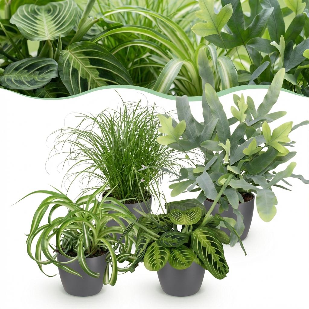 Zimmerpflanzen Set – Chlorophytum Cyperus Phlebodium Maranta – 4er Set im grauen Topf Ø12cm Höhe25cm – Haustierfreundliche Grünpflanzen