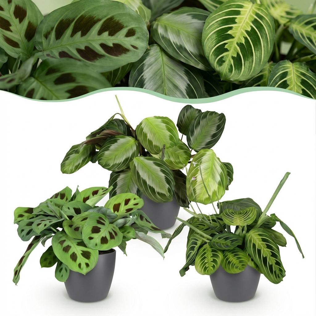 Maranta Mix Set Gebetspflanze Silverband Lemon Lime Kerchoveana Zimmerpflanze 3er Set mit grauem Topf Ø12cm Höhe 25cm Haustierfreundliche Grünpflanzen