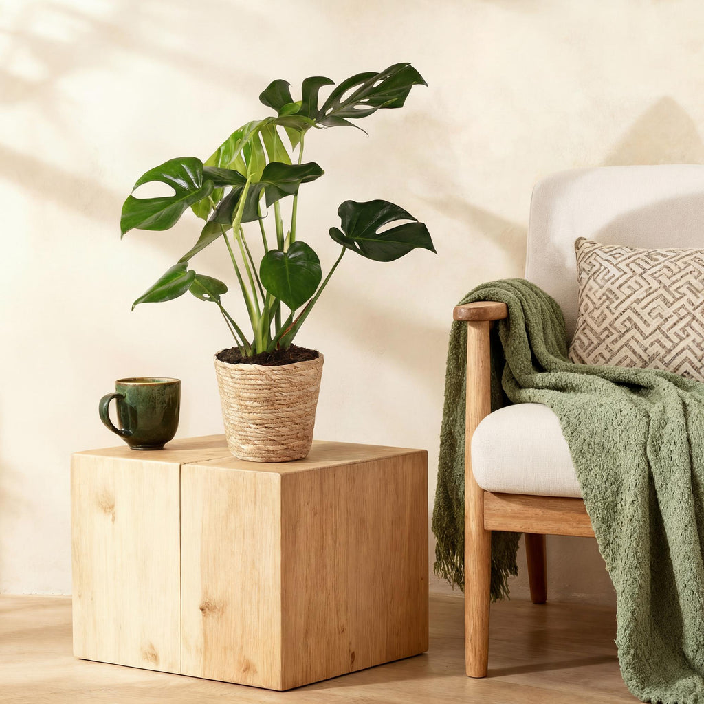 Monstera Deliciosa inkl. Naturkorb – Zimmerpflanze 50-55cm – 17cm – Lochpflanze Grün – Pflegeleichte Tropenpflanze für Wohnzimmer Büro & Deko – Plant