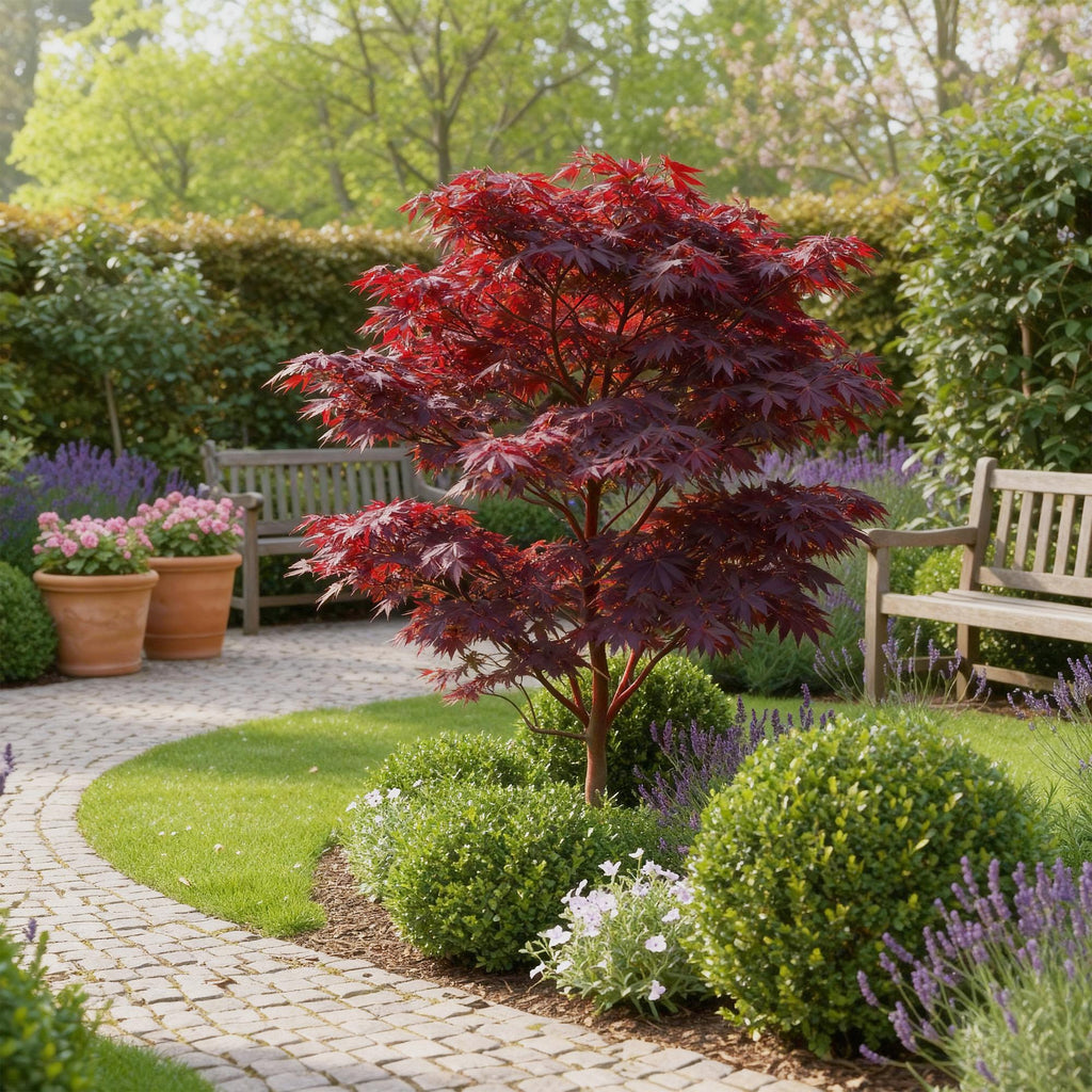 Acer palmatum Atropurpureum – 3 Pflanzen – 12cm – Höhe ca. 35cm – Japanischer Ahorn mit tief lila Blättern & dekorativer Herbstfärbung – Pflegeleicht