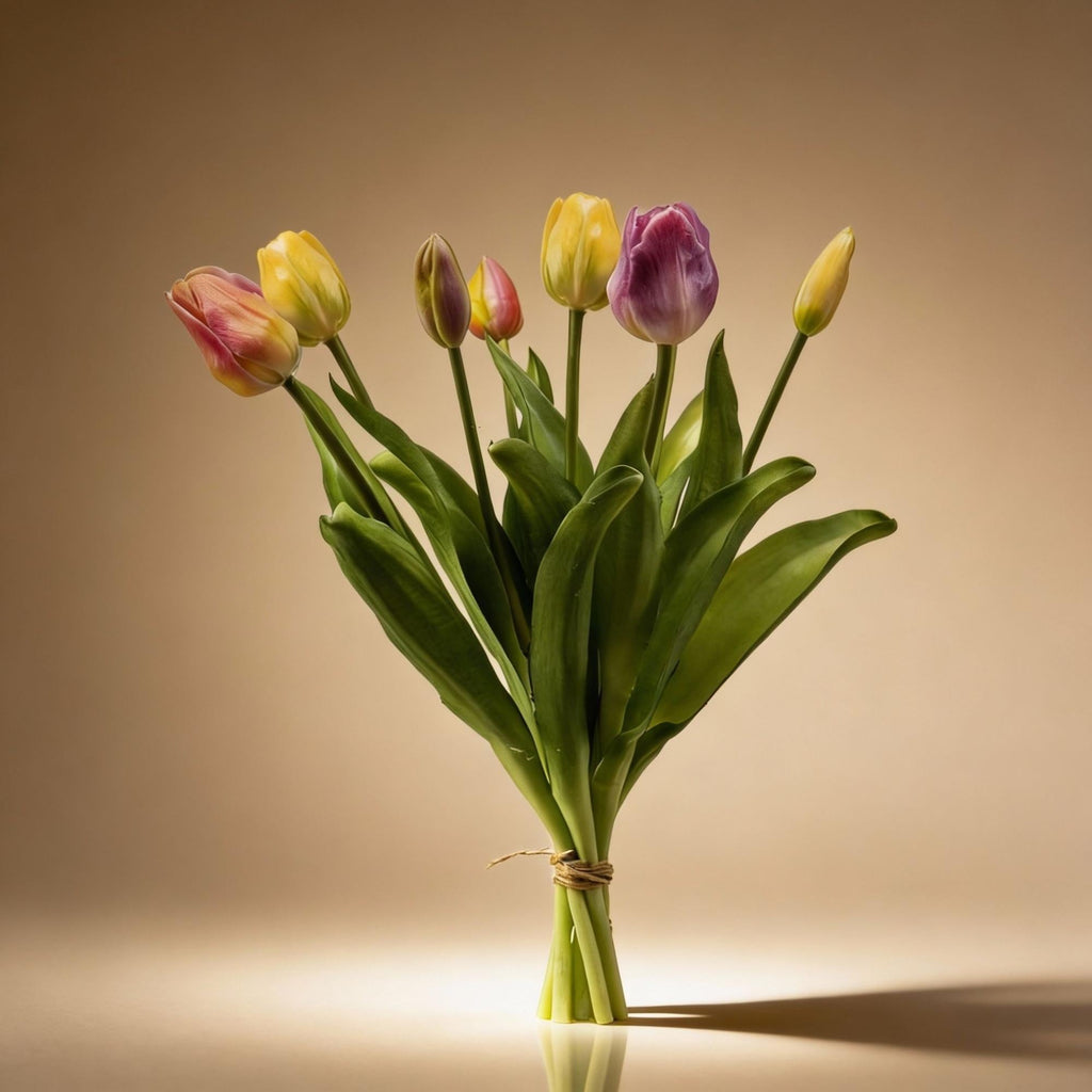 Tulpenstrauß Sanfter Frühling Real Touch Kunsttulpen – 7 Stiele – 42cm – Pastell Kunstblumenstrauß in Gelb Rosa Flieder – Plant