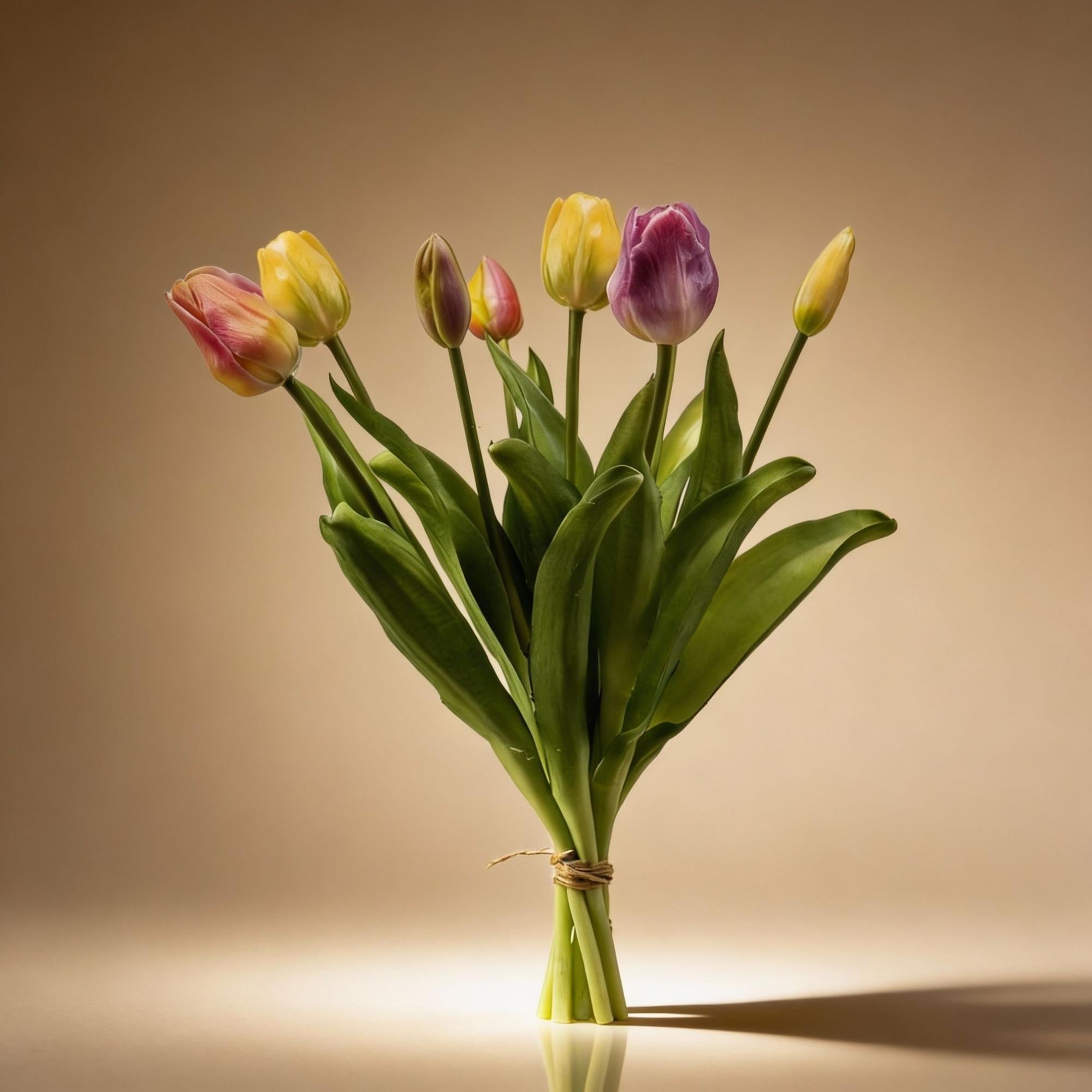 Tulpenstrauß Sanfter Frühling Real Touch Kunsttulpen – 7 Stiele – 42cm – Pastell Kunstblumenstrauß in Gelb Rosa Flieder – Plant