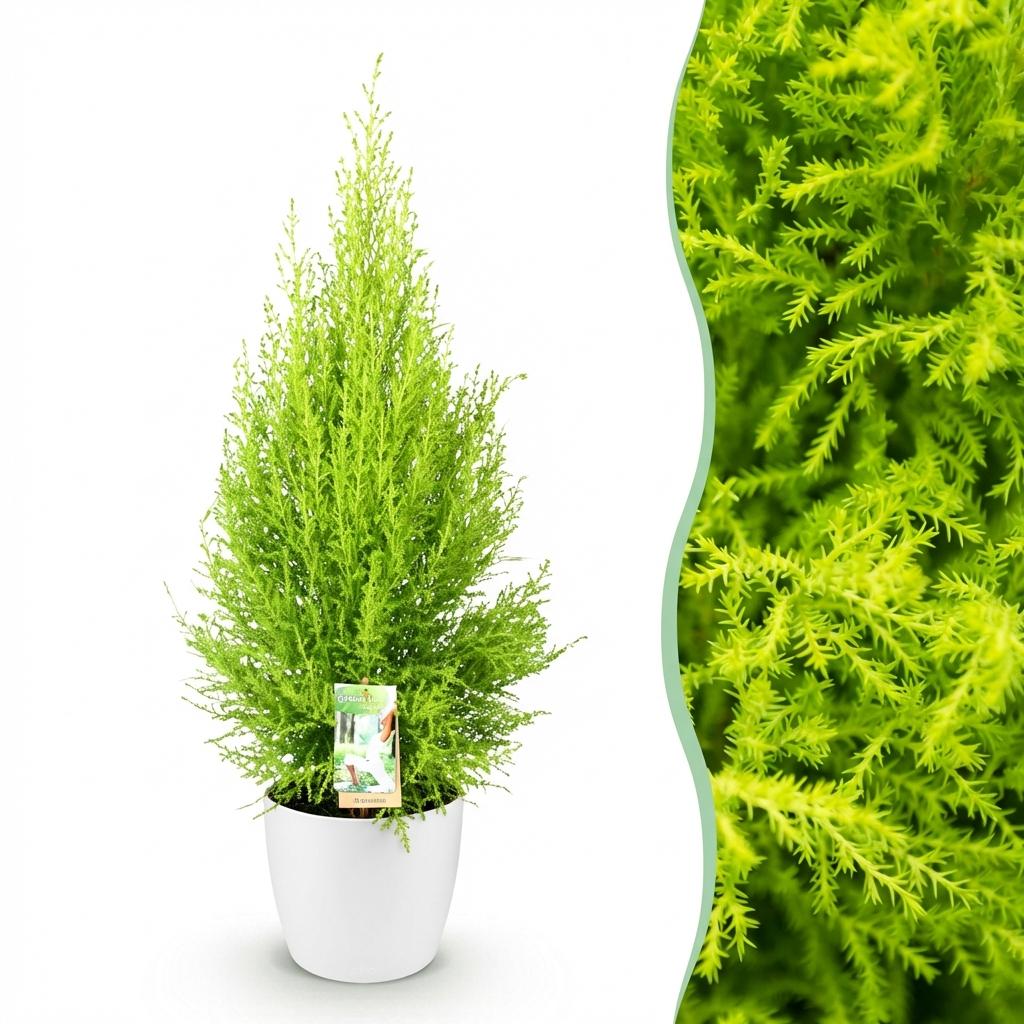 Cupressus Gold Crest Wilma Zimmerpflanze Mit Weißem Topf Ø21cm Höhe ca.85-95cm Zimmerkonifere Pflegeleicht Grünpflanze für Zimmer & Büro & Innenraum