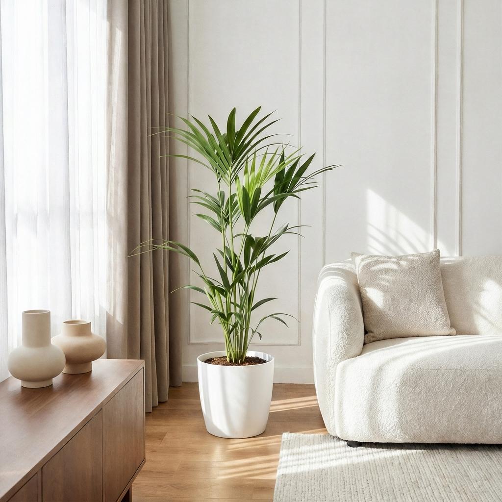 Howea Forsteriana Kentia – Palme Zimmerpflanze mit weißem Topf Ø21cm Höhe 120-130cm Pflegeleichte große Grünpflanze für Wohnzimmer Büro Schlafzimmer