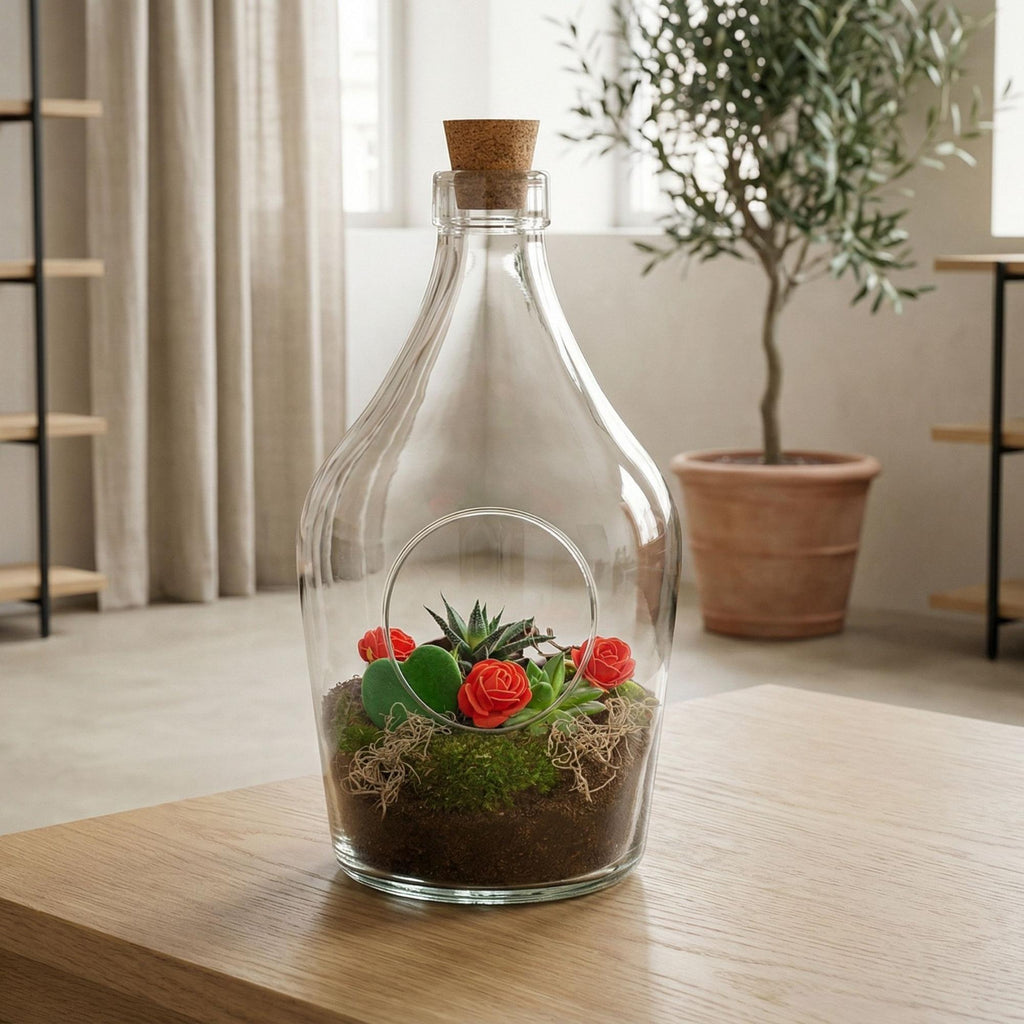 Love in a Bottle DIY Pflanzenterrarium Ø16cm Höhe30cm – Offenes Flaschenterrarium mit Hoya Kerrii Herzpflanze – Sukkulenten Set