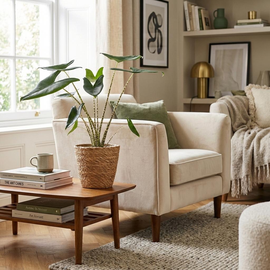 Alocasia Zebrina Elefantenohr – Zimmerpflanze 70-75cm – 21cm mit Seegraskorb – Tropische Grünpflanze – Dekorative Zimmerpflanze für Wohnzimmer & Büro
