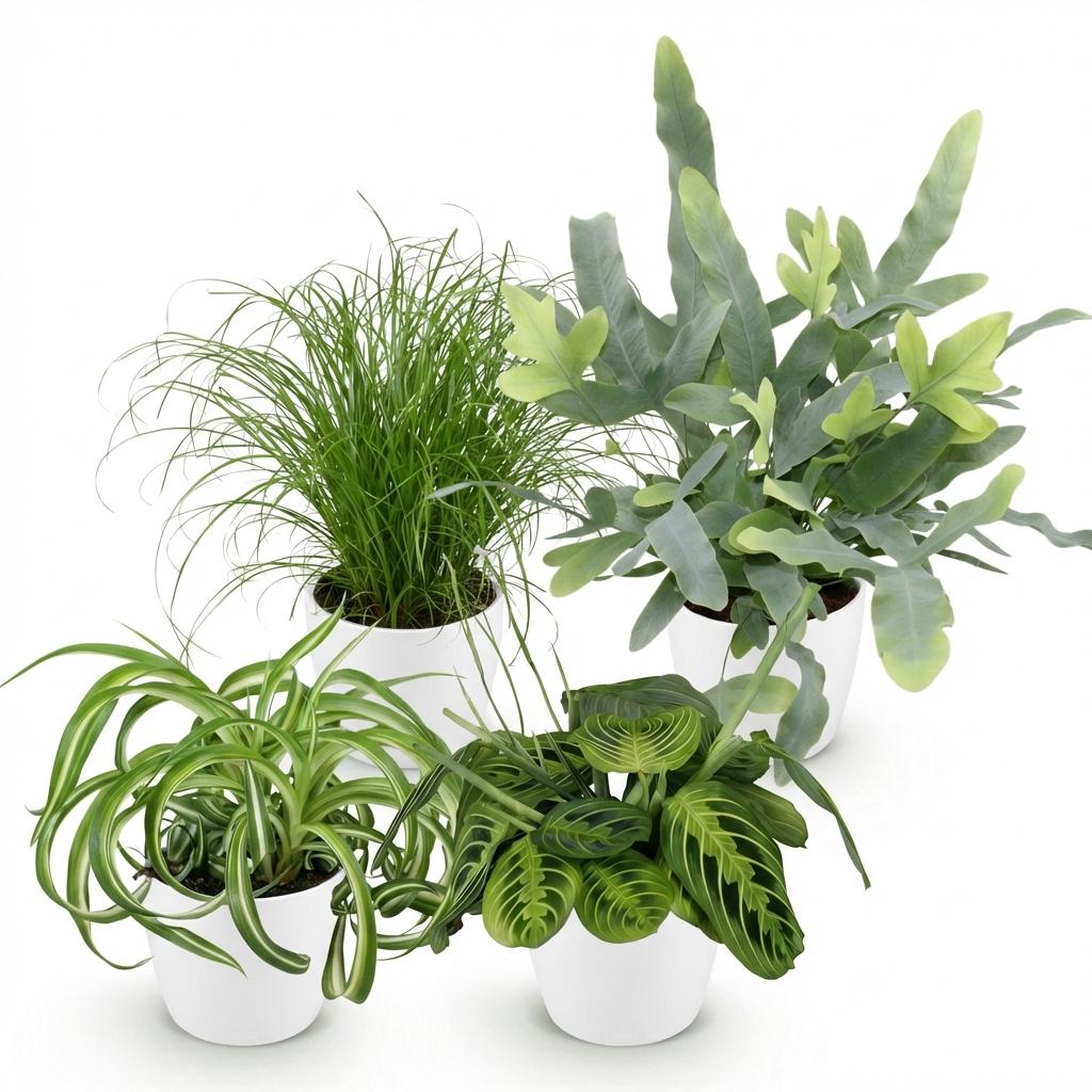 Zimmerpflanzen Mix – Chlorophytum Cyperus Phlebodium Maranta – 4er Set im weißen Topf Ø12cm Höhe25cm – Haustierfreundliche Grünpflanzen