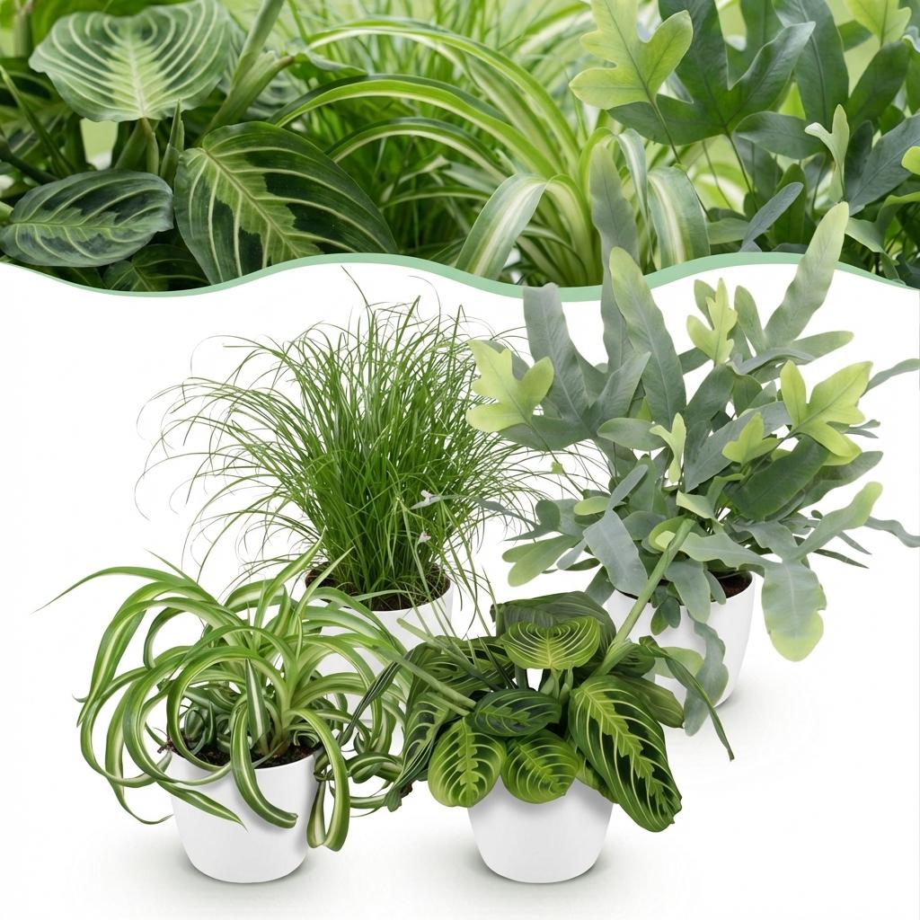 Zimmerpflanzen Mix – Chlorophytum Cyperus Phlebodium Maranta – 4er Set im weißen Topf Ø12cm Höhe25cm – Haustierfreundliche Grünpflanzen
