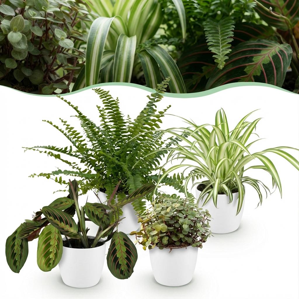 Zimmerpflanzen Mix Set – Chlorophytum Maranta Calissia Nephrolepsis – 4er Set im weißen Topf Ø12cm Höhe25cm – Haustierfreundliche Grünpflanzen