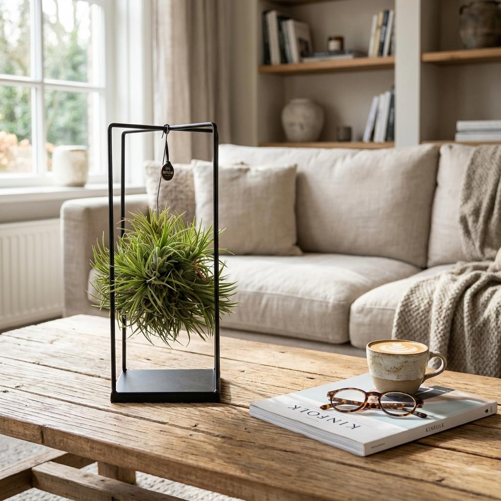 Luftpflanze Tillandsia im Dekor Ø14cm Höhe37cm – Erdefreie Air Plant in dekorativer Schale – Modernes Pflanzen – Dekoobjekt für Wohnraum & Büro
