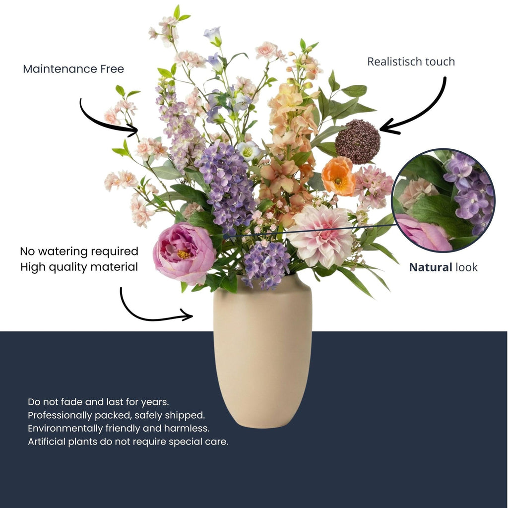 Kunstblumenstrauß Pastel Meadow Deluxe 100cm – Real Touch Blumenstrauß mit 15 Stielen – Pflegefreie Premium Dekoblumen