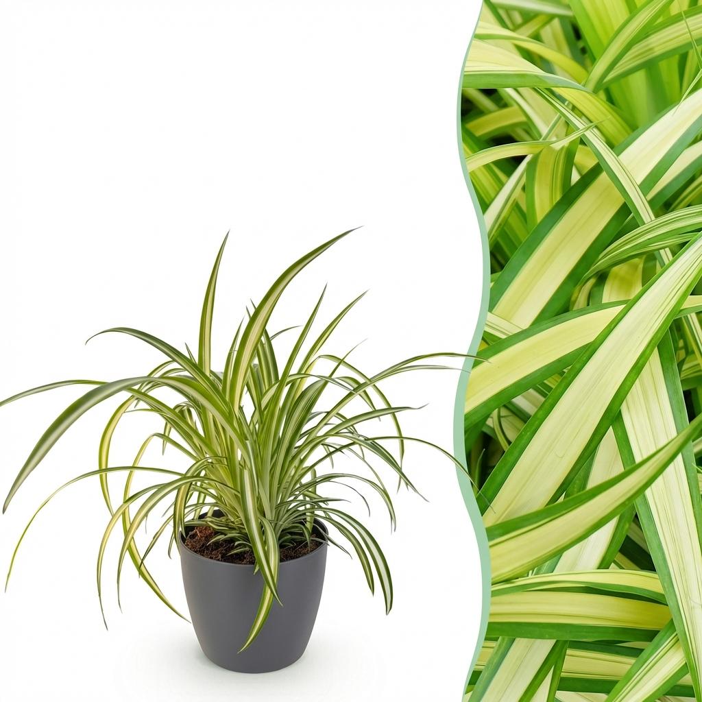 Chlorophytum comosum Variegatum Pflanze Mit Grauem Topf Ø12cm Höhe ca.20cm Bunte Graslilie Haustierfreundlich Luftreinigend Für Zimmer Büro &