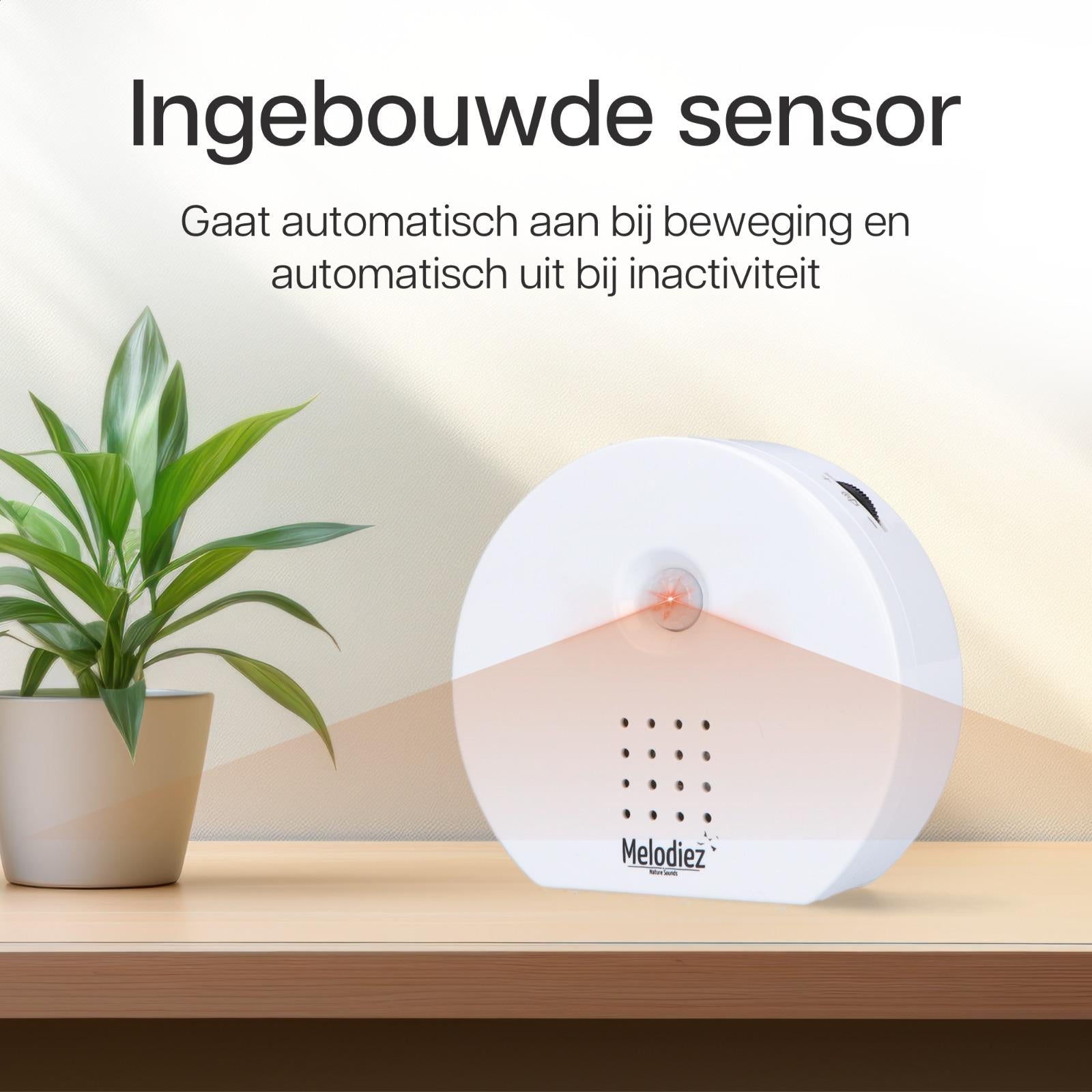 Melodiez Musikbox Weiß – Naturklänge mit Bewegungssensor – Kompakte Soundbox für beruhigende Vogelstimmen, Meeresrauschen & Dschungelklänge – Plant