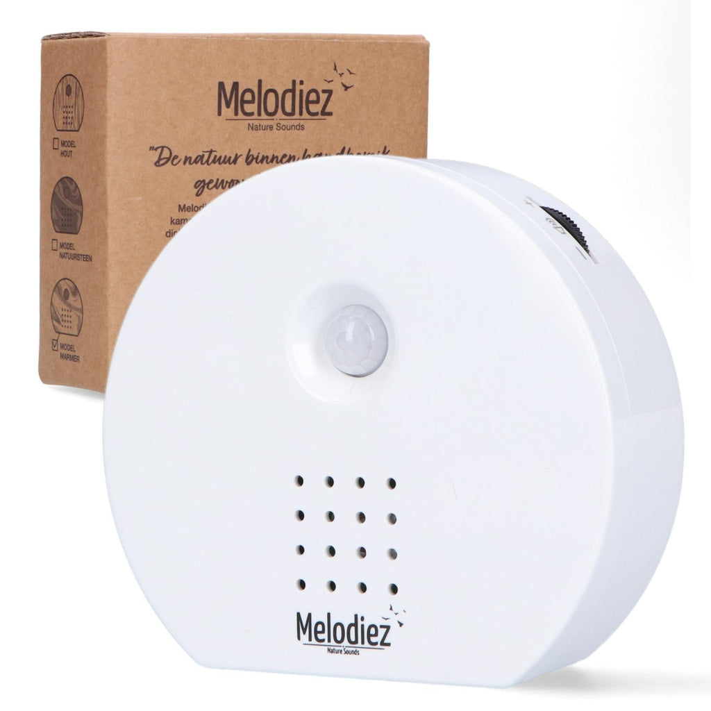 Melodiez Musikbox Weiß – Naturklänge mit Bewegungssensor – Kompakte Soundbox für beruhigende Vogelstimmen, Meeresrauschen & Dschungelklänge – Plant
