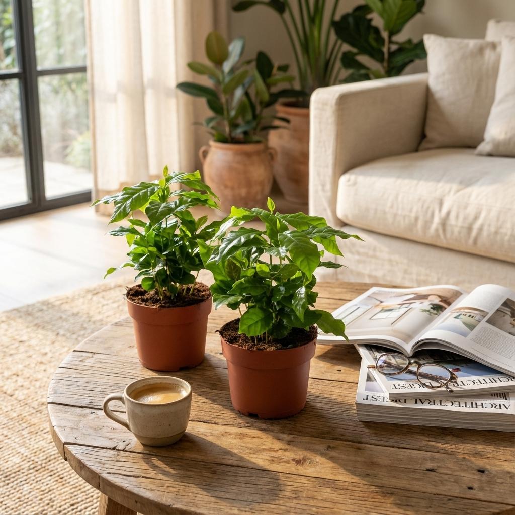 Kaffeepflanze Coffea Arabica – 2 Pflanzen – Ø12cm – Höhe ca.25cm – Tropische Zimmerpflanze mit glänzenden Blättern – Kaffeebaum für Wohnraum & Büro