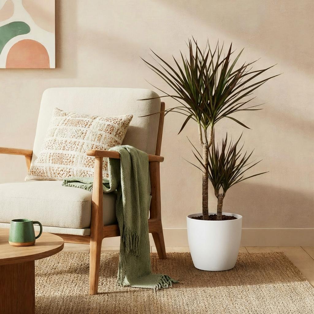 Dracaena Magenta Drachenblutbaum Pflanze mit weißem Topf Ø21cm Höhe 90-100cm Pflegeleicht große Grünpflanze mit roten Akzenten für Zimmer & Büro