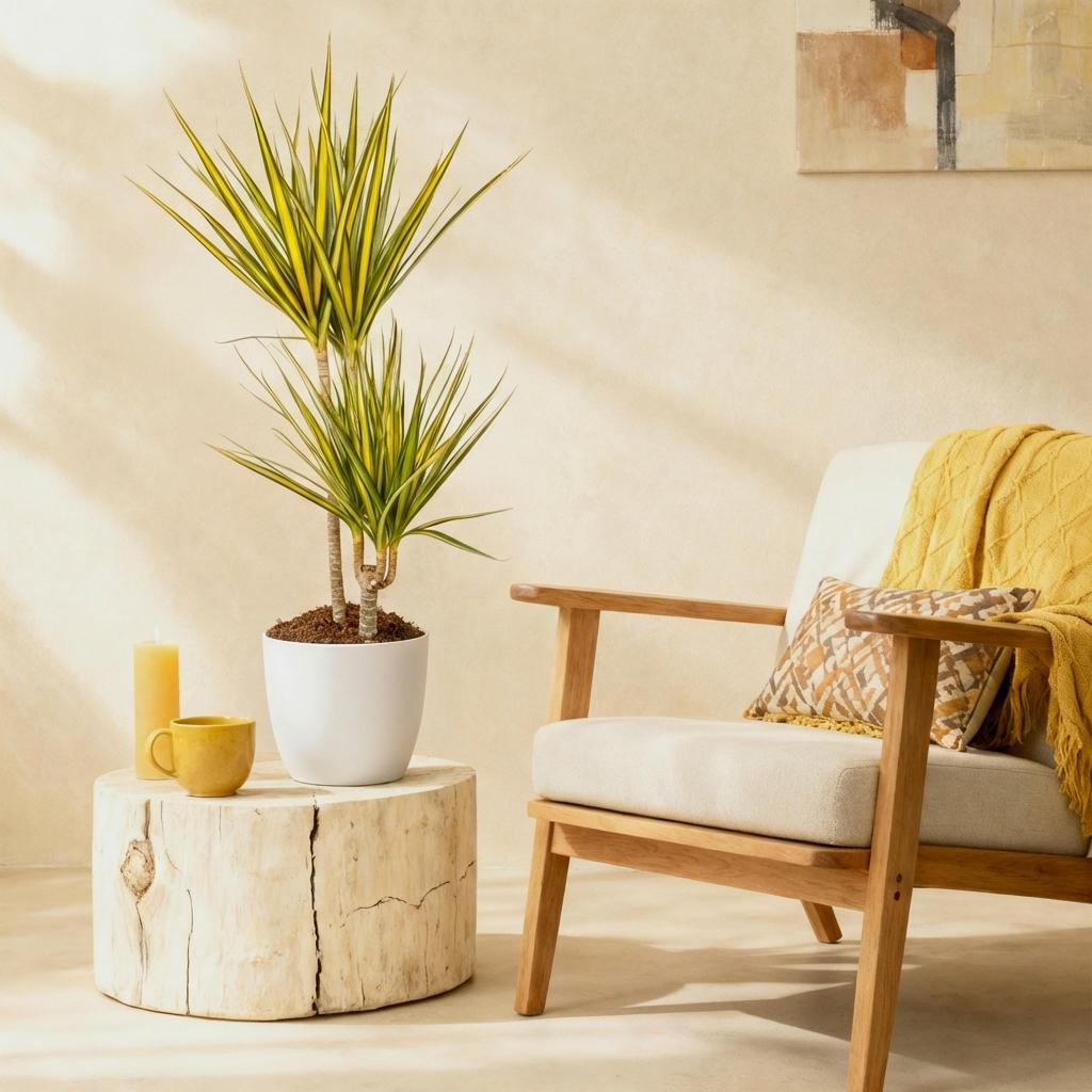 Dracaena Sunray Pflanze Mit Weißem Topf Ø21cm Höhe ca.90-100cm Drachenbaum Grün Gelb Pflegeleicht Großpflanze Für Wohnzimmer Büro & Empfangsbereich