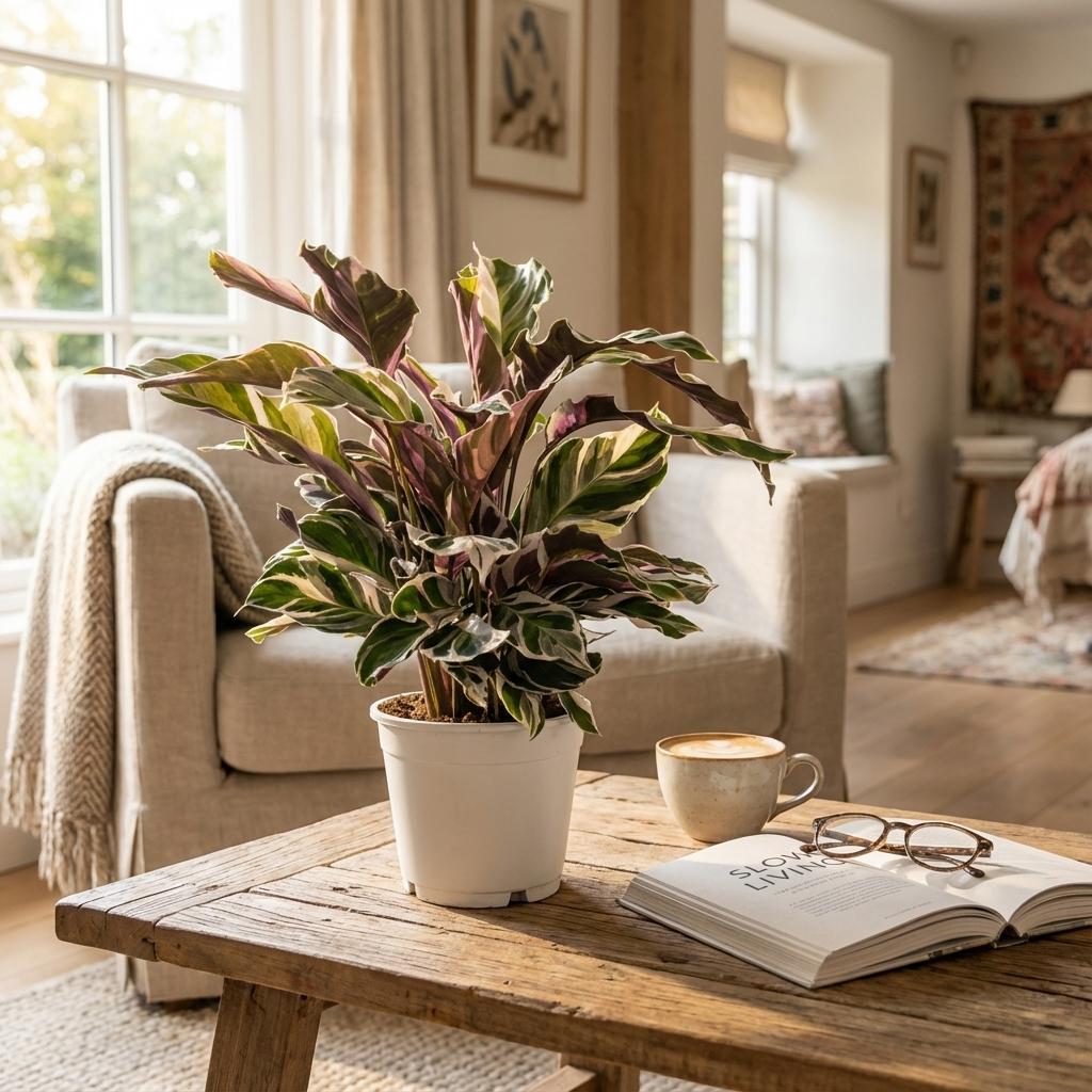 Korbmarante Calathea Fusion White Ø14cm Höhe 35-40cm – Seltene Gebetspflanze mit weißen & lila Blättern – Exklusive Zimmerpflanze für Wohnraum