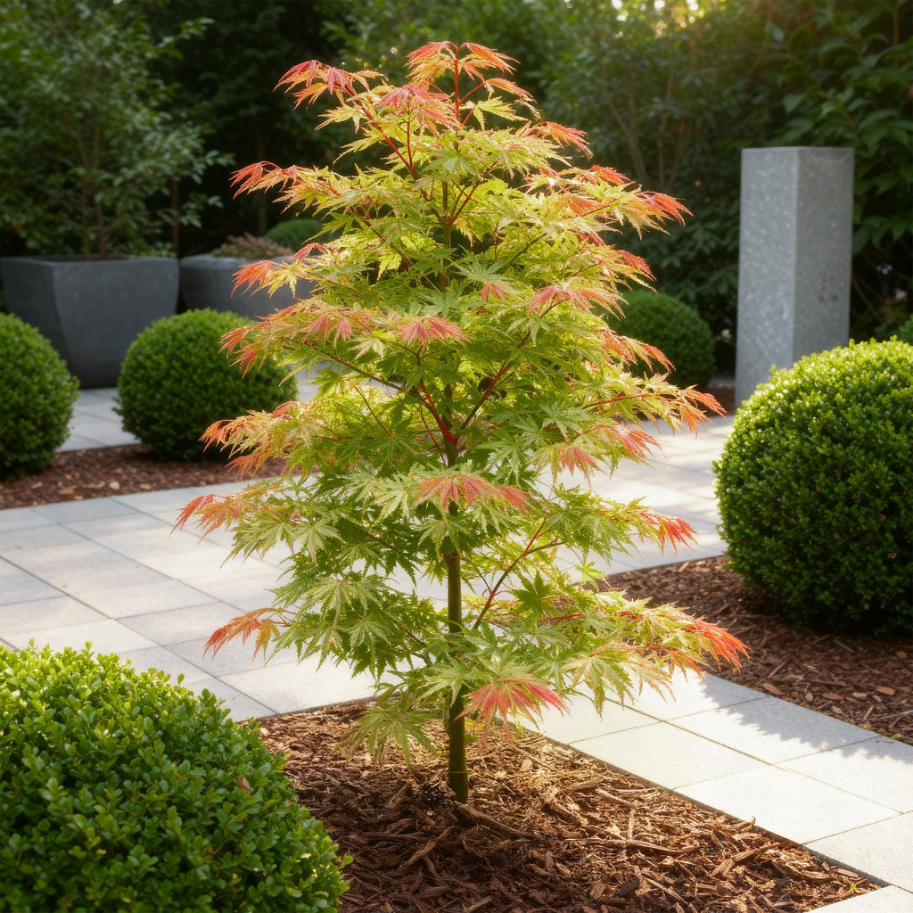 Acer palmatum Phoenix – 3 Pflanzen – 12cm – Höhe ca. 35cm – Laubabwerfender Japanischer Ahorn mit rosa Frühlingsflor & rot – grünem Laub