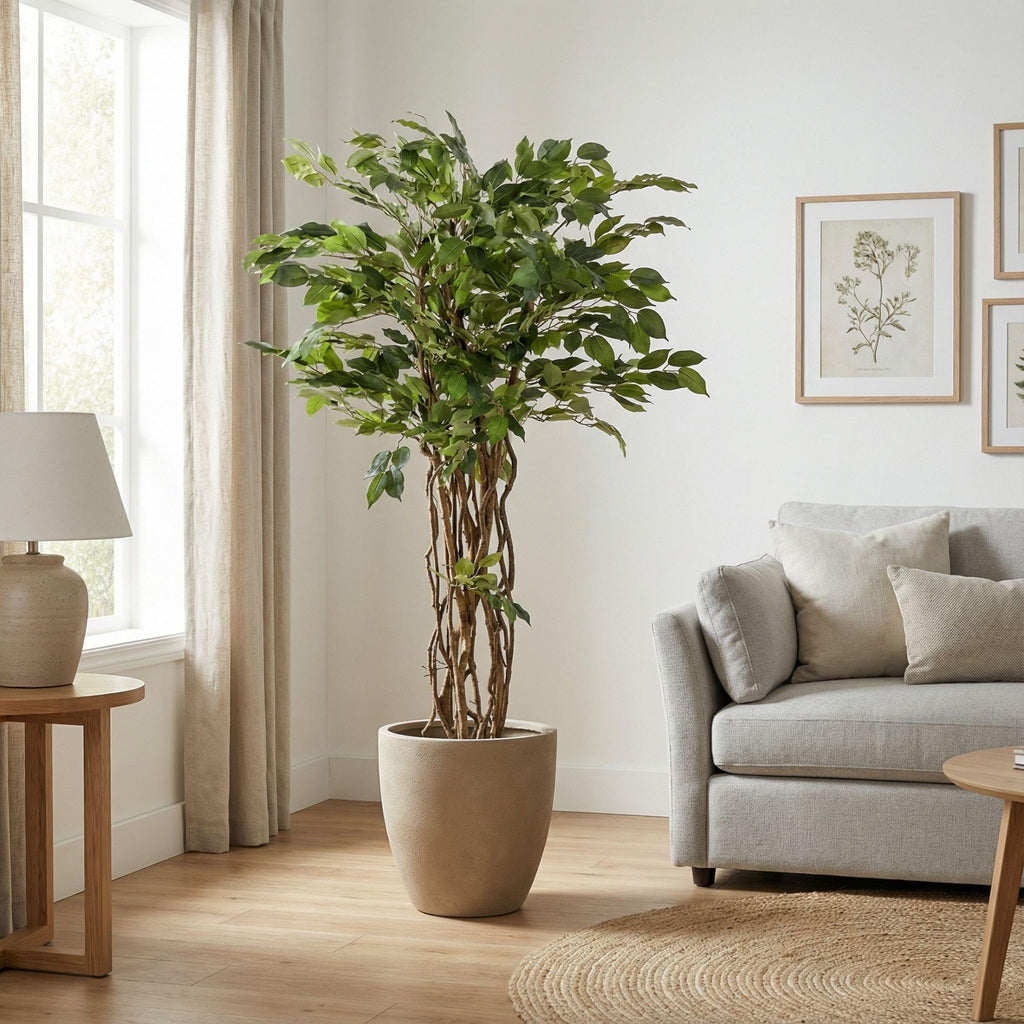 Ficus Liana Kunstbaum – 140cm – künstliche Pflanze mit realistischer Blattstruktur – Pflegefreier Deko Baum für Wohnzimmer Büro & Empfangsbereich – Standard