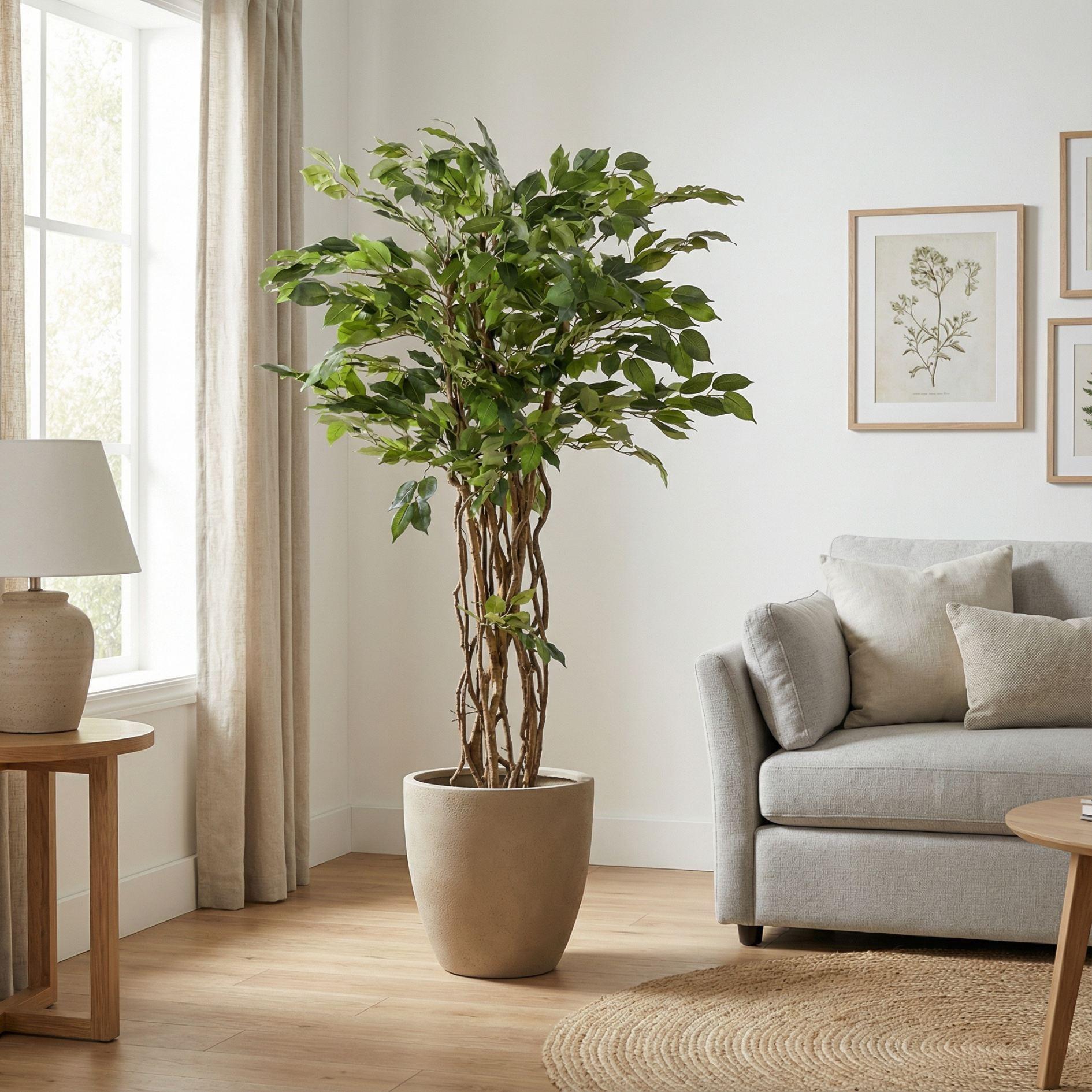 Ficus Liana Kunstbaum – 140cm – künstliche Pflanze mit realistischer Blattstruktur – Pflegefreier Deko Baum für Wohnzimmer Büro & Empfangsbereich – Standard
