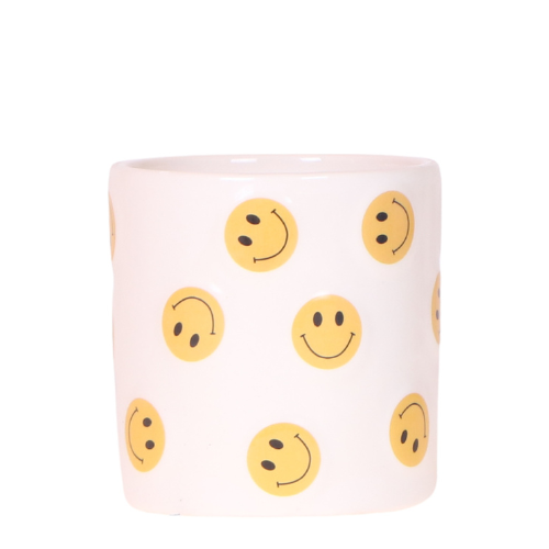 Smiley Übertopf Ø9cm – weißer Blumentopf mit gelben Smileys – Pflanztopf für Mini – Orchidee, Kaktus & Zimmerpflanzen – Gute – Pot