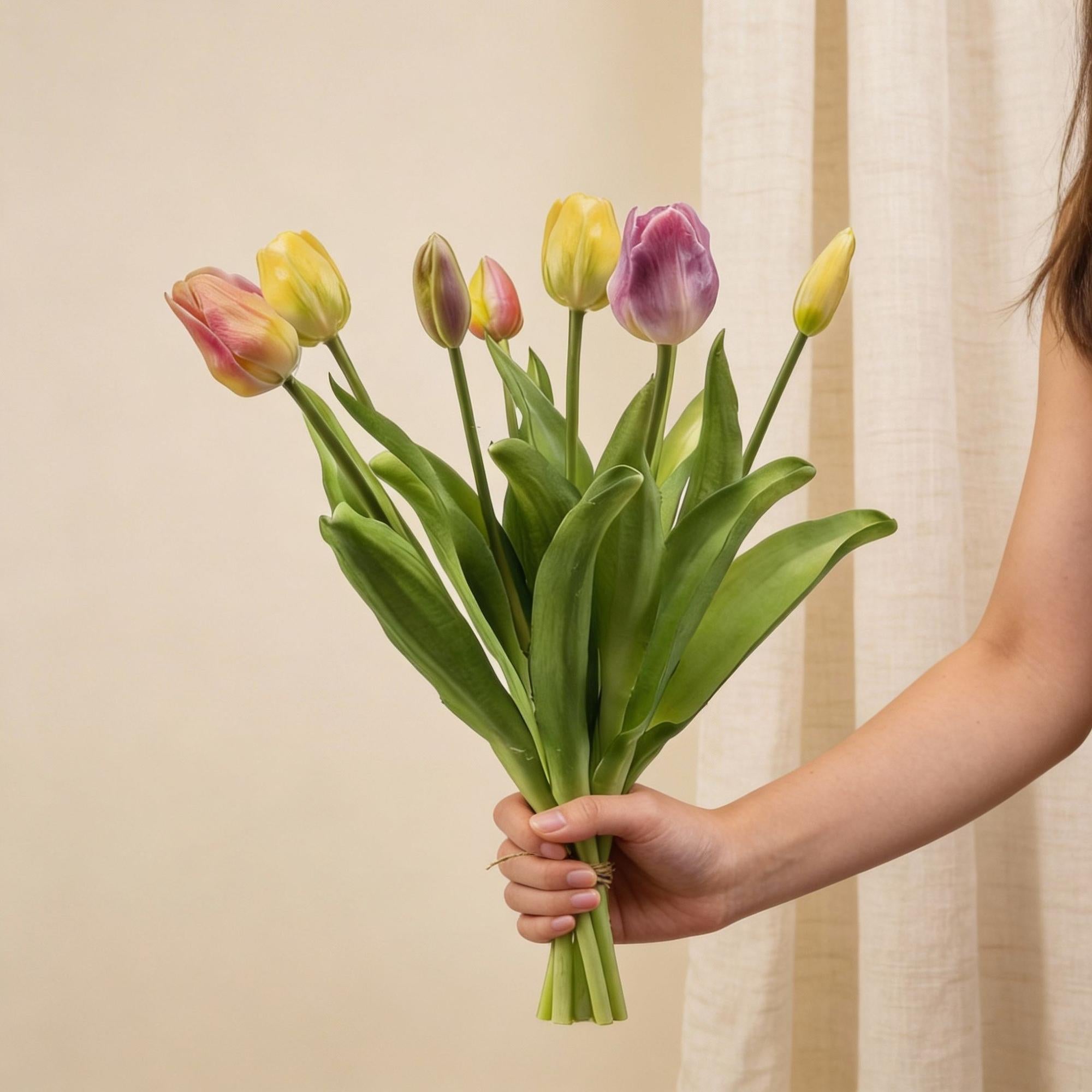 Tulpenstrauß Sanfter Frühling Real Touch Kunsttulpen – 7 Stiele – 42cm – Pastell Kunstblumenstrauß in Gelb Rosa Flieder – Plant