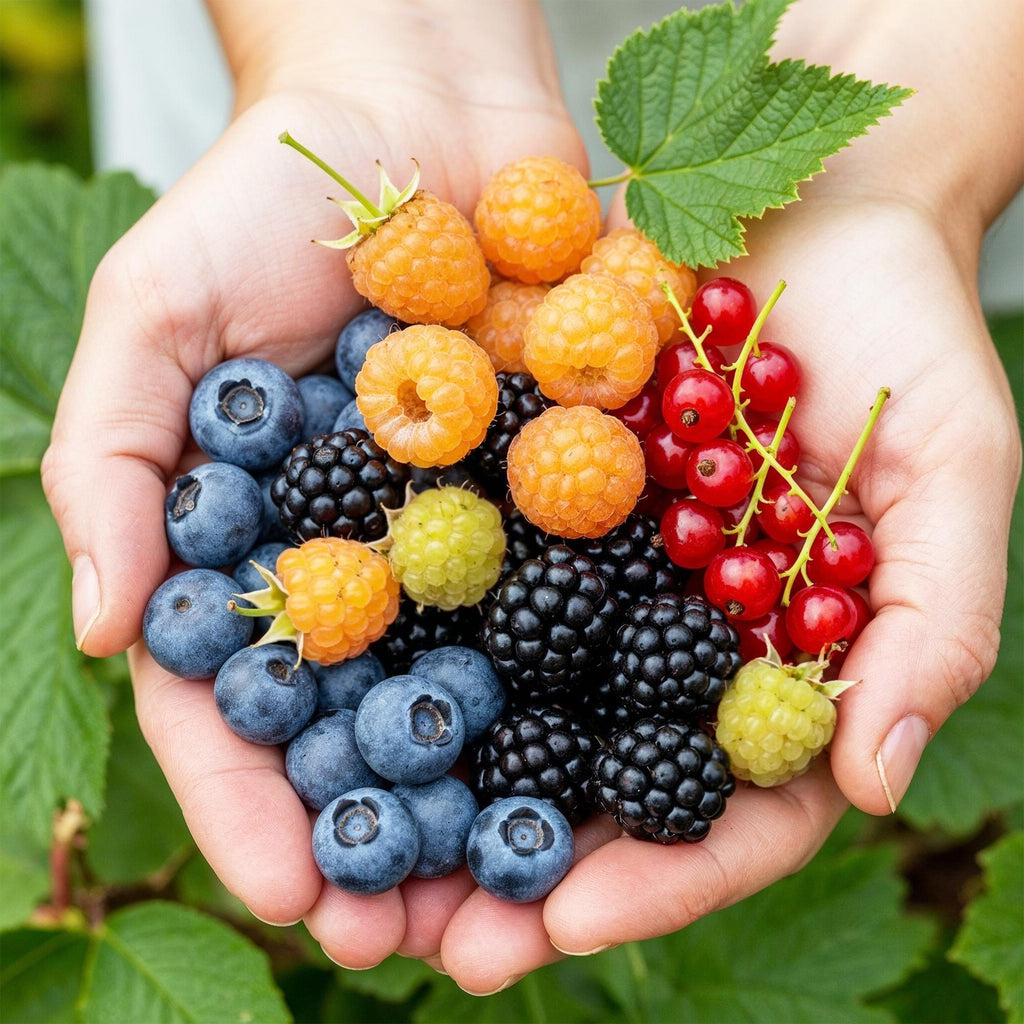 Obstpflanzen Set 8 Pflanzen Höhe 30cm Ø9cm – Rote Johannisbeere Gelbe Himbeere Schwarze Brombeere Blaubeere – winterhart