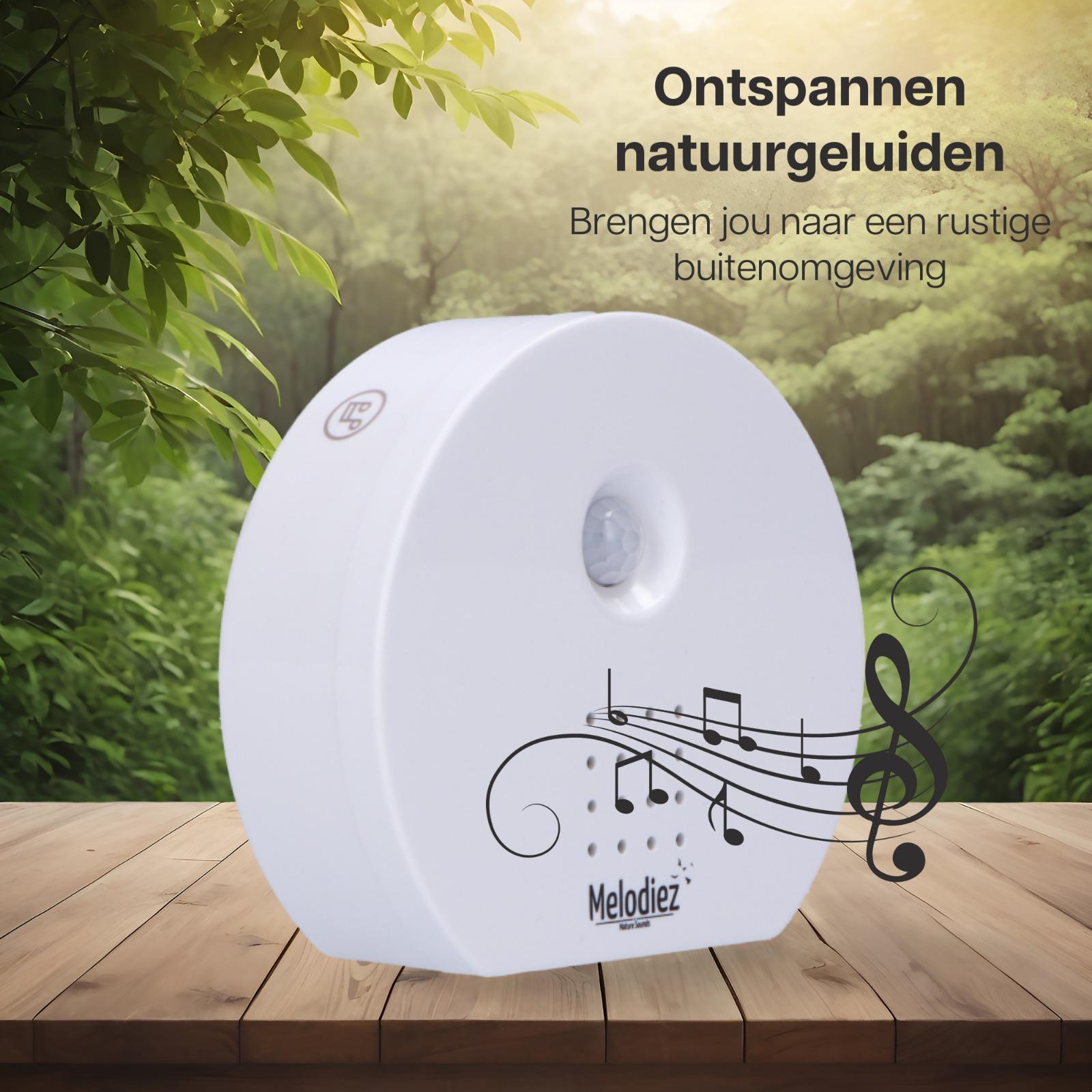 Melodiez Musikbox Weiß – Naturklänge mit Bewegungssensor – Kompakte Soundbox für beruhigende Vogelstimmen, Meeresrauschen & Dschungelklänge – Plant