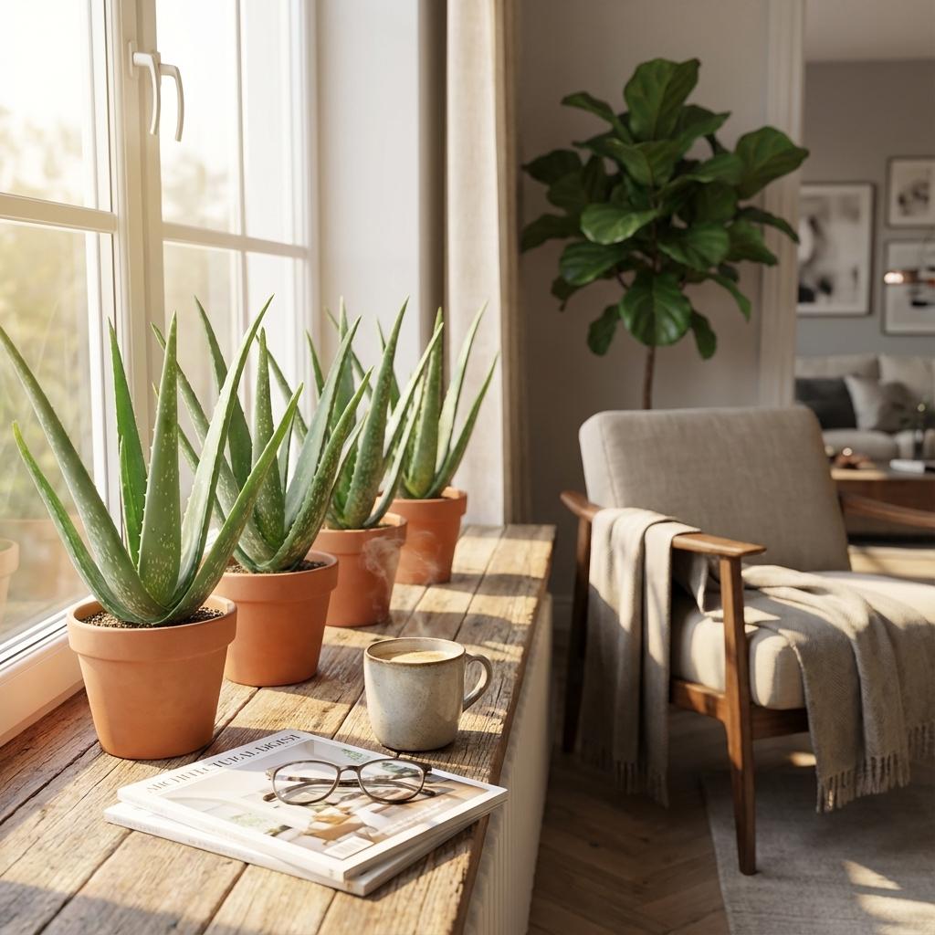 Aloë Vera Pflanzen Set – 4 Pflanzen – Ø10,5cm – Höhe 35-40cm – Pflegeleichte Heilpflanze – Sukkulente Zimmerpflanze für Fensterbank Büro & Wohnraum