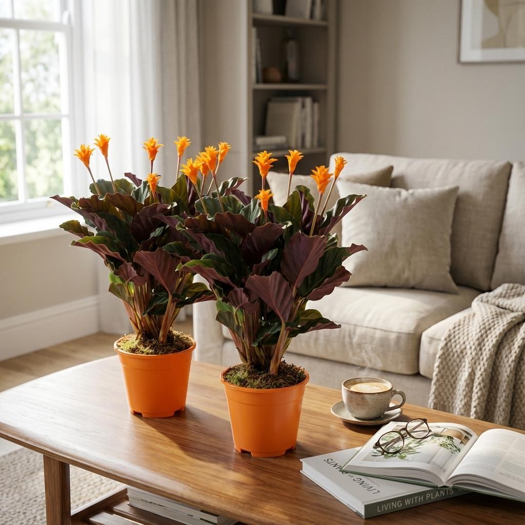Korbmarante Calathea Crocata – 2 Pflanzen – Ø14cm – Höhe 40-45cm – Orange blühende Zimmerpflanze – Exotische Blüten – Luftfeuchteliebend