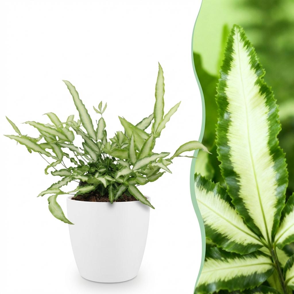 Pteris Cretica Albolineata Schwertfarn Zimmerpflanze mit weißem Topf Ø12cm Höhe 20cm Haustierfreundliche Grünpflanze pflegeleicht für Zimmer & Büro