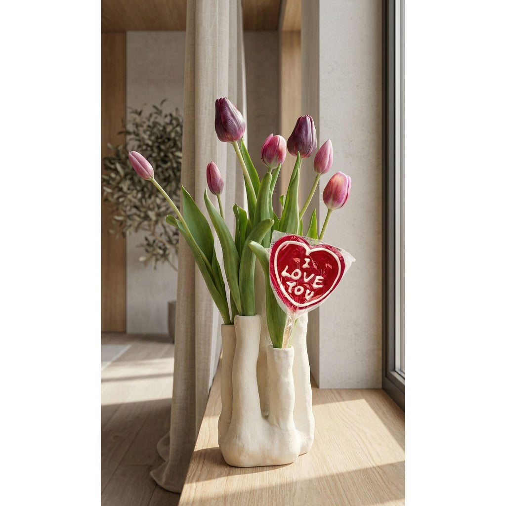Tulip Touch Kunstblumen Set – Künstliche Tulpen mit Design Mehrfach – Vase – Rot Violett – Keramikvase mit 6 Öffnungen