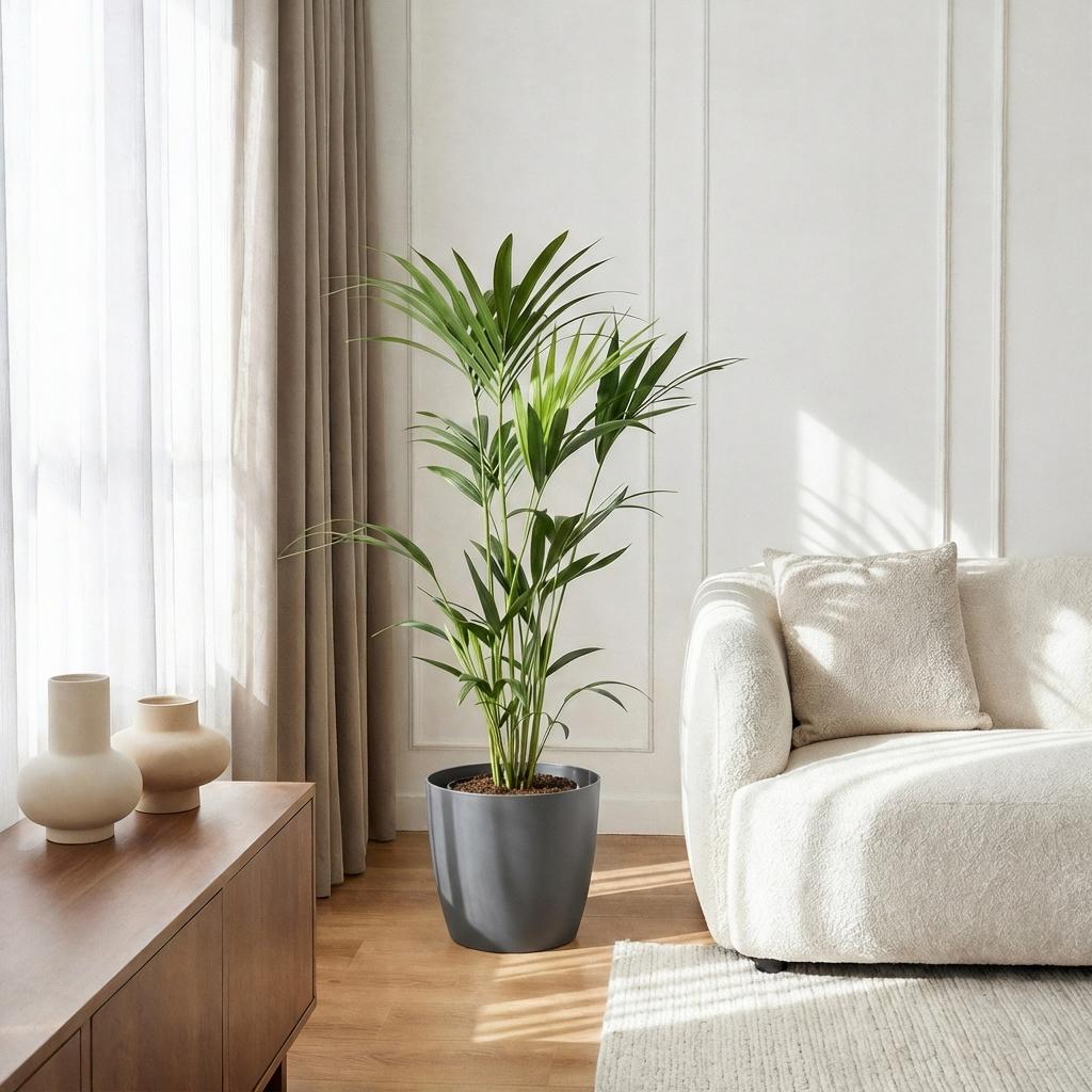 Howea Forsteriana Kentia – Palme – Große Zimmerpflanze im grauen Topf Ø21cm Höhe120-130cm – Pflegeleicht & Luftreinigend