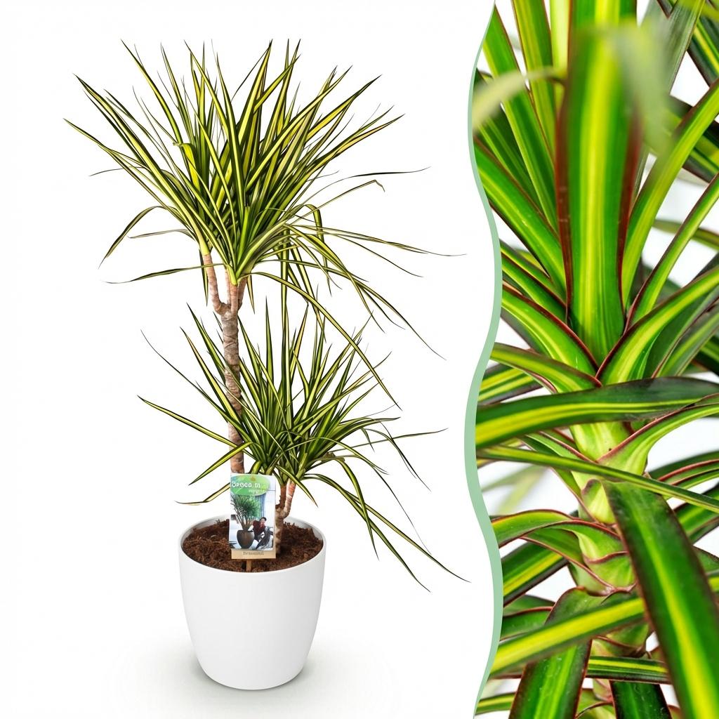 Dracaena Sunray Pflanze Mit Weißem Topf Ø21cm Höhe ca.90-100cm Drachenbaum Grün Gelb Pflegeleicht Großpflanze Für Wohnzimmer Büro & Empfangsbereich