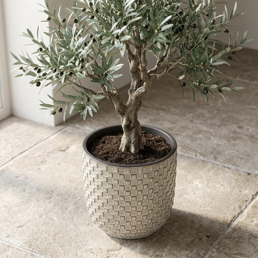 Pflanztopf Relief hellgrau D13,5cm – Blumentopf mit geometrischem Quadratmuster – strukturierte Oberfläche mit Innenrand-Kontrast – moderner Dekotopf für Zimmerpflanzen & Kräuter – Pot