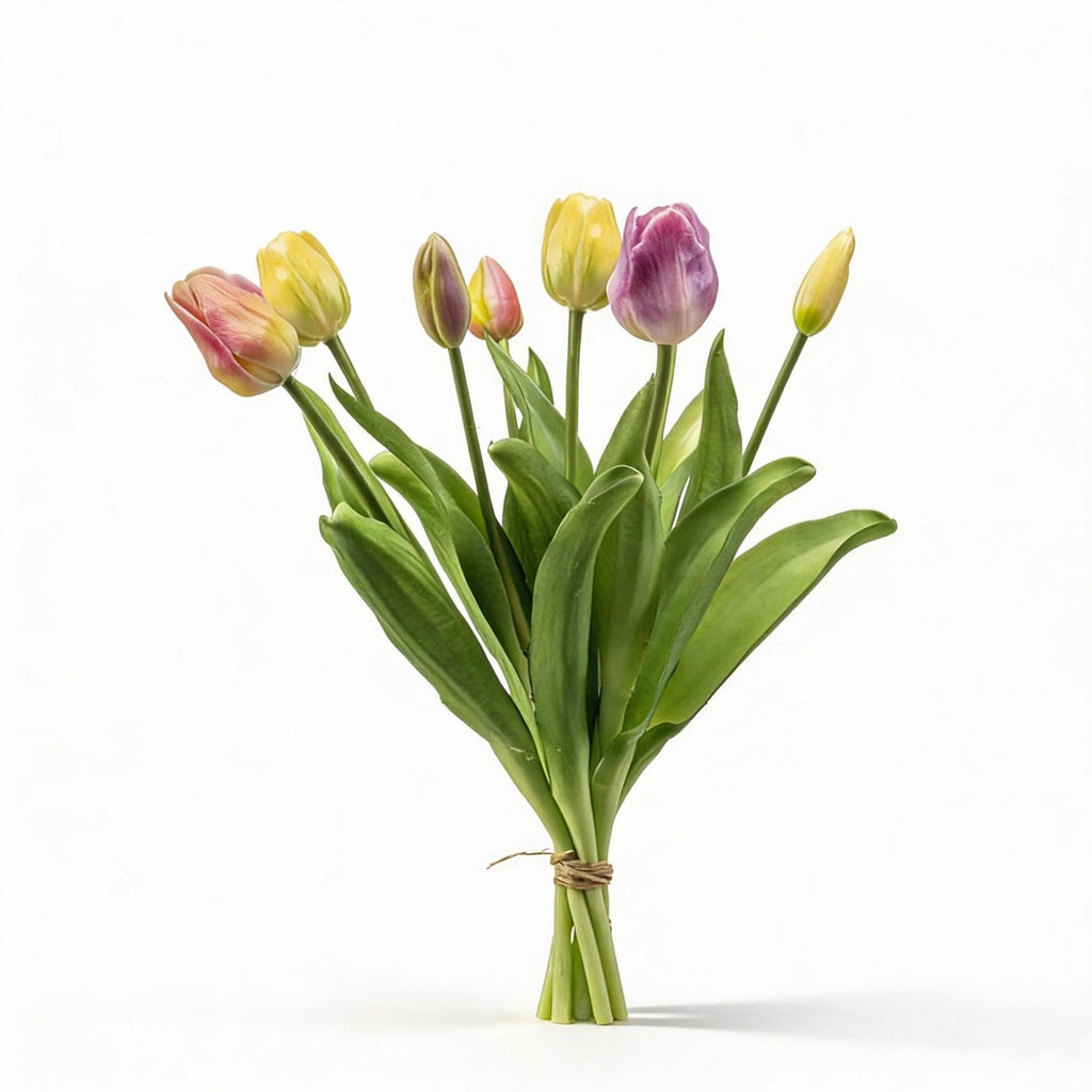 Tulpenstrauß Sanfter Frühling Real Touch Kunsttulpen – 7 Stiele – 42cm – Pastell Kunstblumenstrauß in Gelb Rosa Flieder – Plant