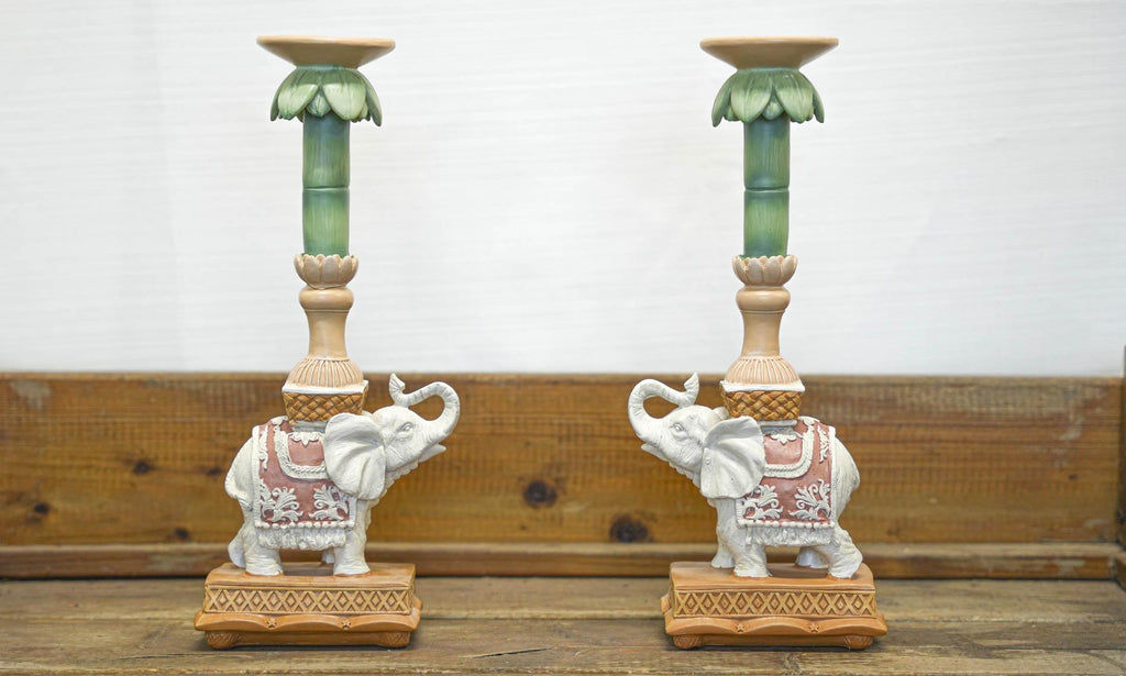 Kerzenständer Elefant Rosa/Grün – Polyresin – 34,5cm – Exotische Deko für Tisch, Sideboard & Fensterbank – Plant